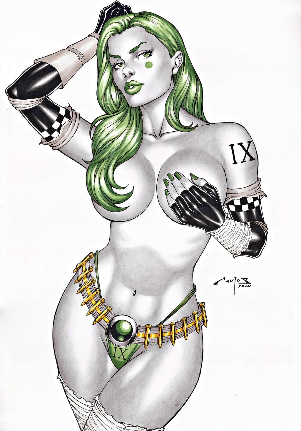 1girls 2020 android aphrodite_ix aphrodite_ix_(series) artist_name background black_gloves breasts carlos_braga face_tattoo female female_only gloves green_eyes green_hair green_lips green_lipstick green_nail_polish green_nails green_panties green_thong gynoid image_comics lower_body medium_breasts nail_polish no_bra number_tattoo numbered panties pinup robot_girl shoulder_tattoo simple_background solo standing tattoo thighs thong top_cow topless upper_body voluptuous white_background