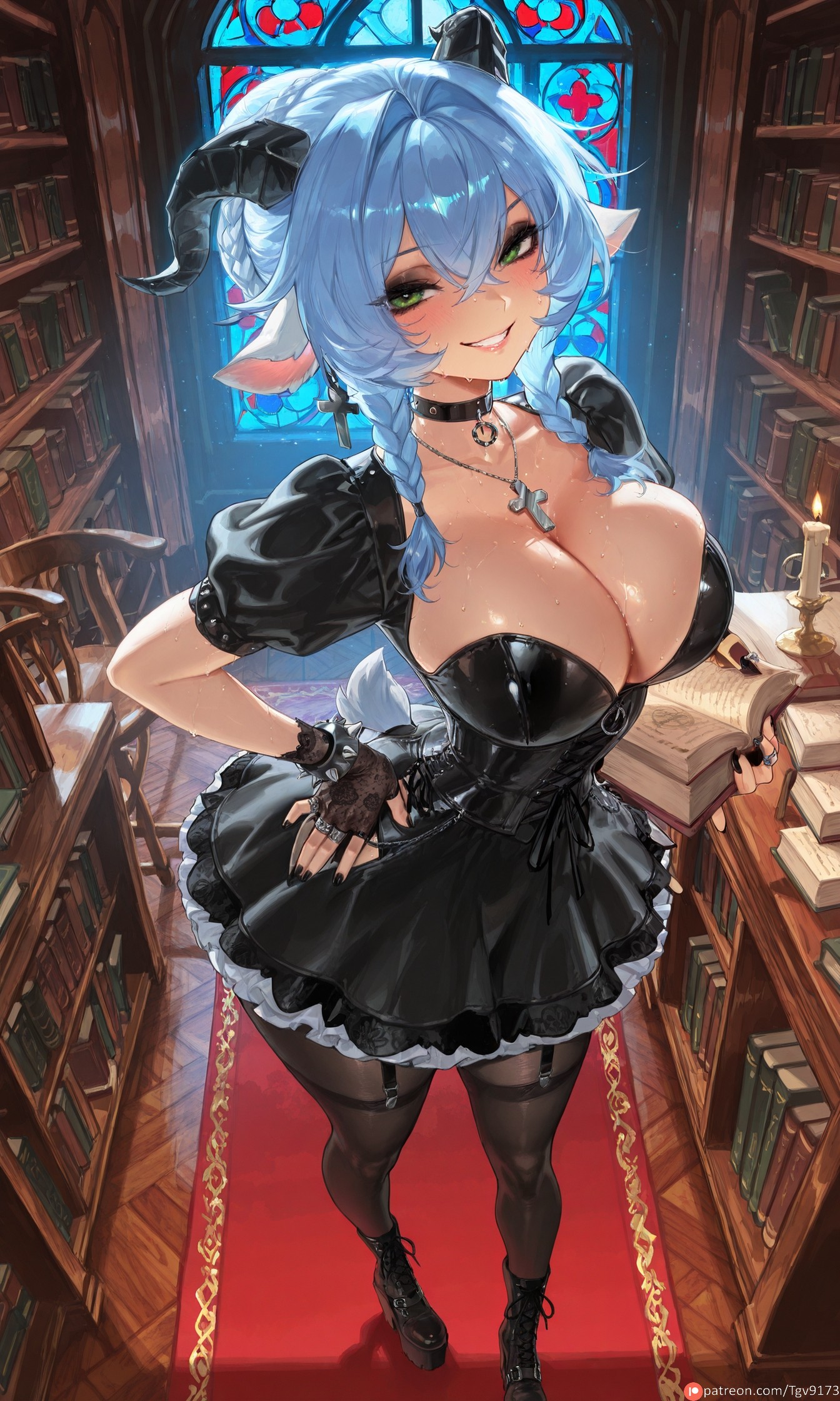 2girls, ai generated, animal ears, ass, bangs, black dress, black footwear, black gloves, blue hair, book, bookshelf, boots, breasts, candle, commission, commissions open, corruption, dress, fingerless gloves, from behind, garter straps, gloves, goat horns, goth, green eyes, hair between eyes, high heel boots, high heels, horns, indoors, knee boots, large breasts, lips, long hair, looking at viewer, looking back, lucia elowen, multiple girls, parted lips, puffy short sleeves, puffy sleeves, self upload, shiny, shiny clothes, shiny skin, short hair, short sleeves, sitting, skirt, smile, stained glass, tail, tgv9173, thighhighs, v, watermark, window, zenless zone zero