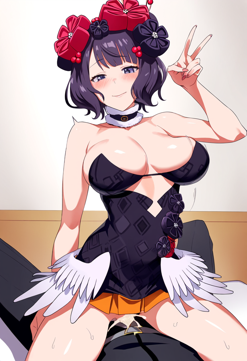 black_hair breasts cowgirl_position fate/grand_order fate_(series) hololive_myth katsushika_hokusai_(fate) ninomae_ina'nis peace_sign shade69 short_hair vaginal_penetration