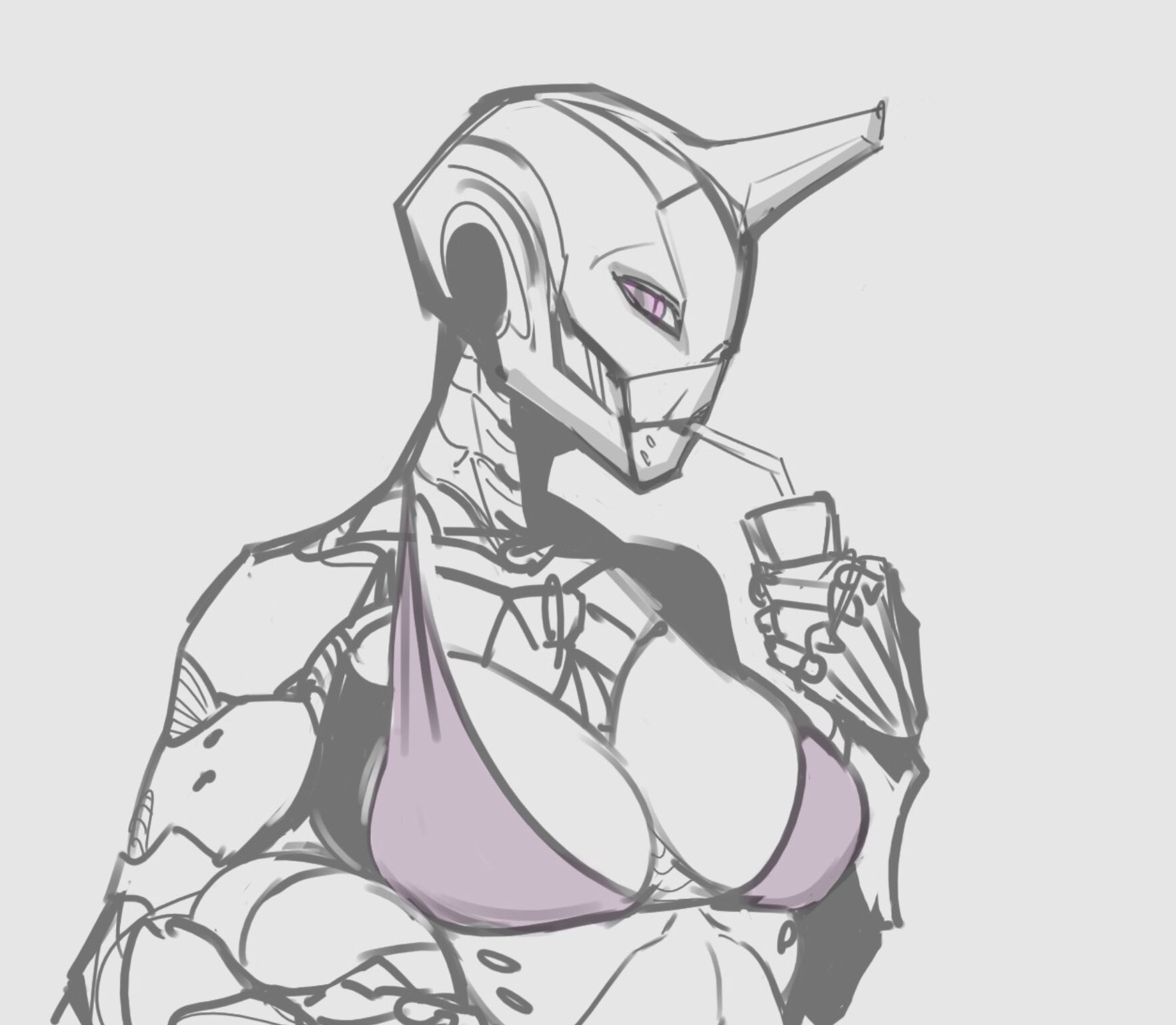 1girls, bikini, bikini top, bungie, destiny (game), drinking, exo, female, line art, robot, robot girl, robot humanoid, sirtenderloinz1, sketch