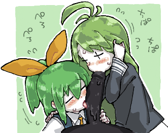 +_+ 1boy 2girls ahoge black_skin blush bow closed_eyes collared_shirt colored_skin cookie_(touhou) cooperative_fellatio crossover daiyousei diyusi_(cookie) fellatio green_background green_hair hairbow high_ponytail licking licking_penis long_hair lowres man_(man-room) multiple_girls open_mouth oral orange_bow penis ponytail shirt short_hair straight teamwork_(sexual) tone_sphere touhou trin_(tone_sphere) upper_body white_shirt white_skin