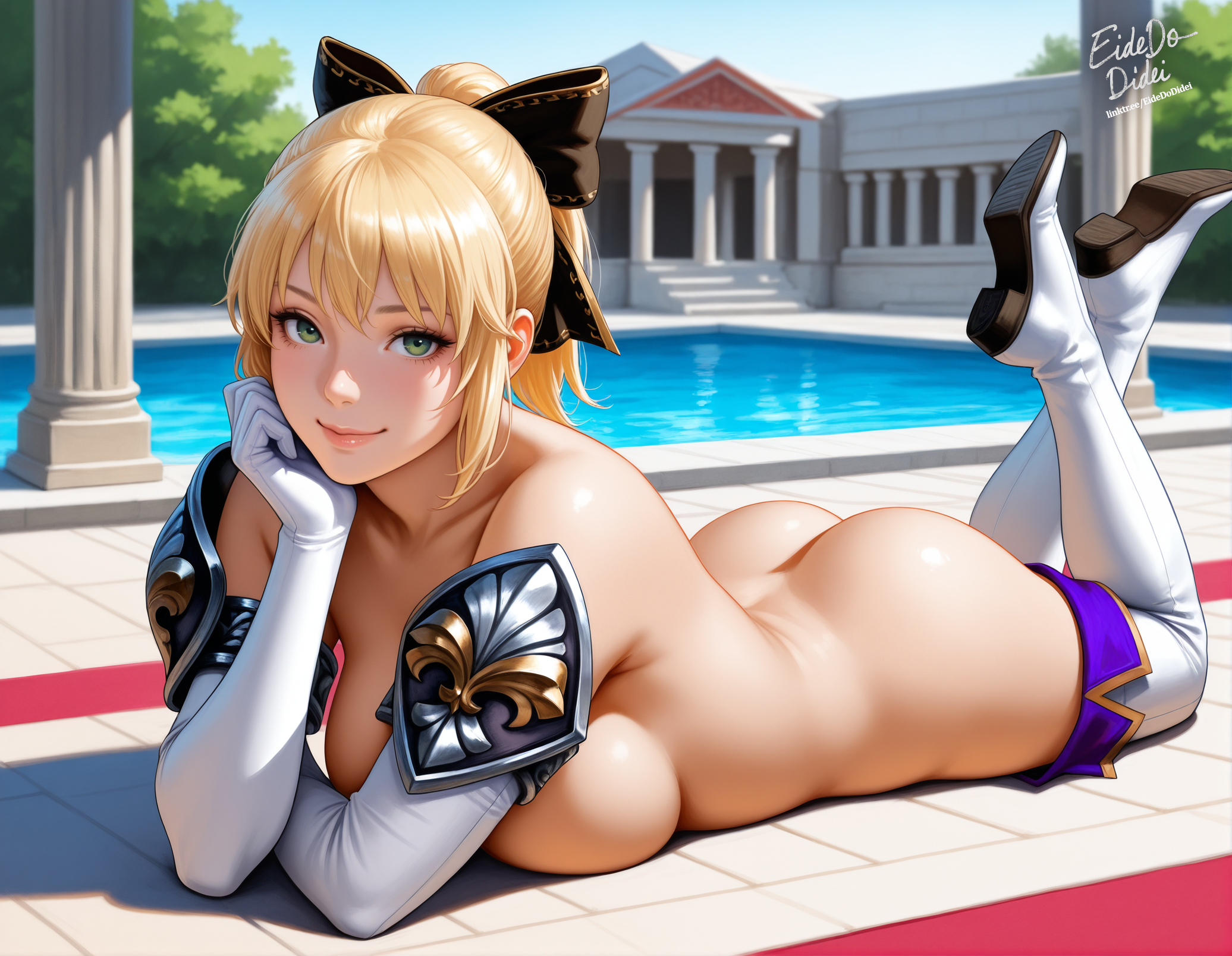 1girls, ai generated, ass, background, bandai namco, blonde hair, breasts, cassandra alexandra, eidedodidei, exposed breasts, female, green eyes, hair ribbon, hairbow, large breasts, long gloves, long hair, nude, on stomach, outdoors, ponytail, pool, poolside, solo, soul calibur, soul calibur iv, the pose, thigh boots, thigh high boots, thigh highs, thighhigh boots, thighhighs