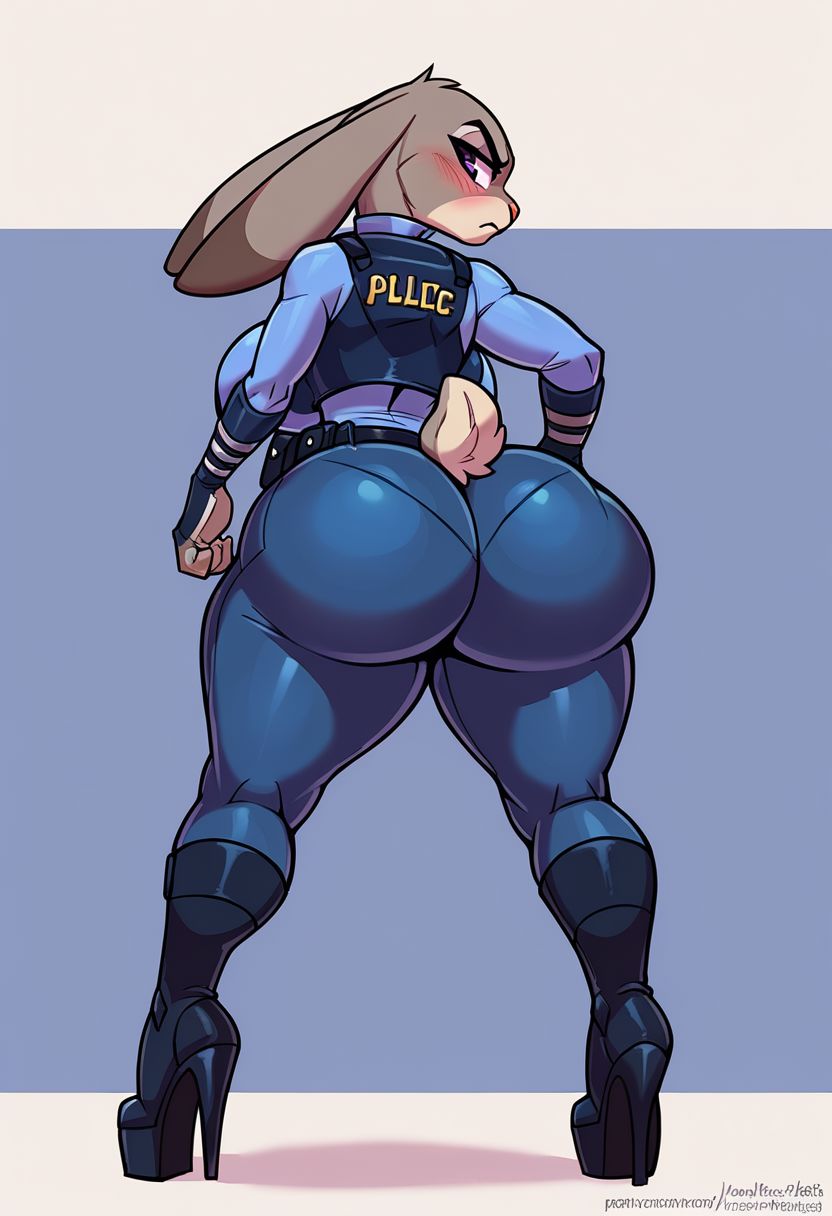 ai generated, ass, breasts, child bearing hips, disney, female, furry, high heel boots, high heels, huge ass, huge breasts, judy hopps, platform heels, police uniform, rabbit, shortstack, thick thighs, totallynotafurry789, very thick thighs, zootopia