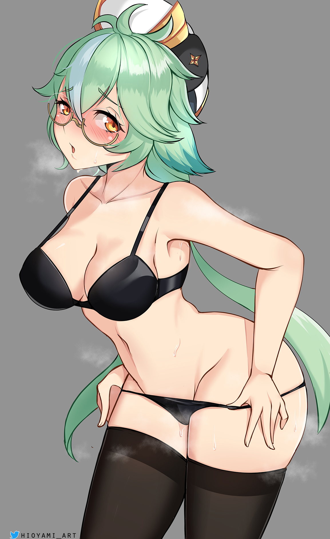 1girls, animal ears, ass, big ass, big breasts, black bra, black legwear, black panties, black underwear, blush, bra, breasts, embarrassed, female, female only, genshin impact, glasses, green hair, grey background, hat, headwear, heavy breathing, hioyami, large ass, legwear, light skin, light-skinned female, long hair, looking away, messy hair, navel, open mouth, orange eyes, panties, solo, solo female, steam, stockings, stripping, sucrose (genshin impact), sweat, thick thighs, thighhighs, underwear
