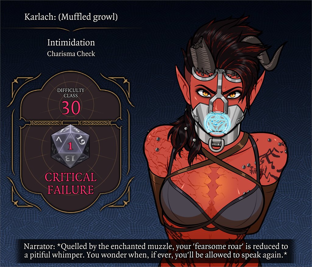 armbinder, baldur's gate, baldur's gate 3, body modification, bondage, bondage gloves, boxbinder, bra, broken horn, burn scar, critical failure, dice roll, dominated female, dungeons and dragons, forgotten realms, gagged, gagged female, horn, horns, karlach, muffled, orange eyes, panties, pointy ears, red skin, red-skinned female, restrained, scar, solo, spell, submissive female, subtitles, tattoo, tattoos, tied up, tiefling, underwear, wossarem