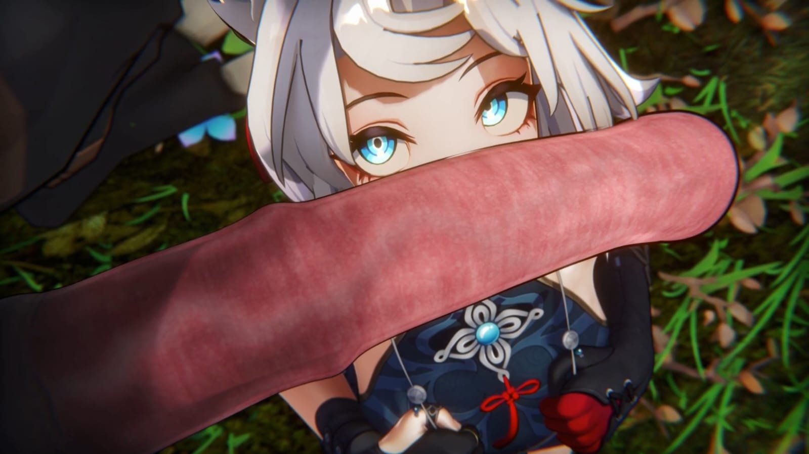 1boy, 1girls, feixiao (honkai: star rail), female, genshin impact, hilichurls (species), honkai: star rail, interspecies, large penis, male, mitachurl, penis, wide eyed