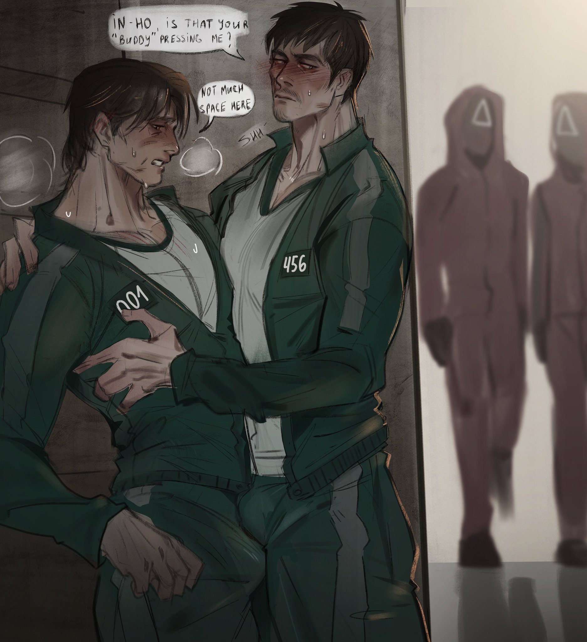 bulge through clothing, gay, hwang in-ho, male, seong gi-hun, squid game, tagme, yaoi