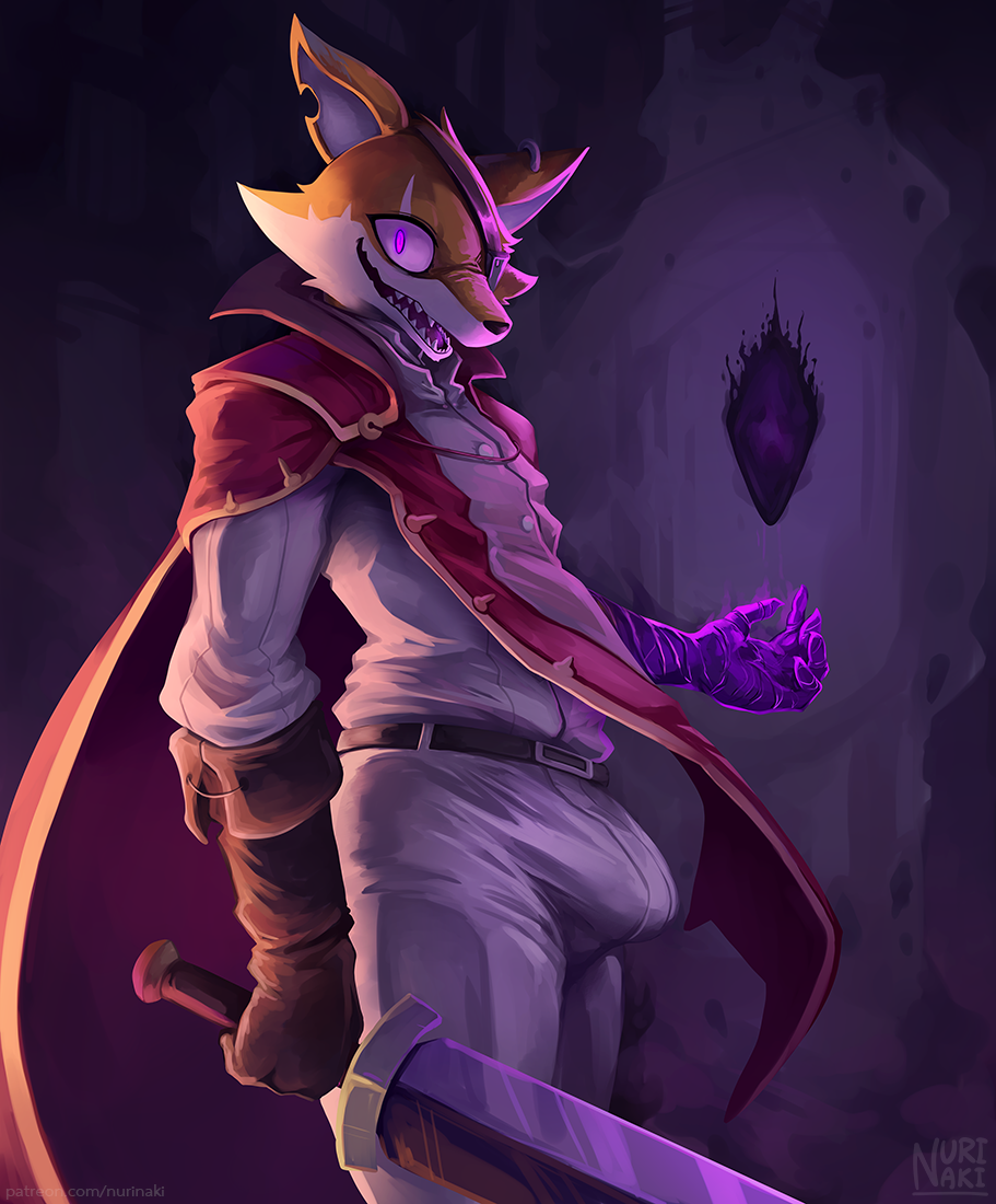 anthro bulge canid canine cape clothed clothing corruption digital_media_(artwork) erection erection_under_clothing evil_grin eye_patch eyewear fox fully_clothed fur furry_only glowing glowing_eyes grin holding_object hypnosis licking looking_at_viewer male mammal melee_weapon mind_control nurinaki open_mouth open_smile purple_eyes reynardo scar shaded sharp_teeth smile solo standing stories:_the_path_of_destinies sword teeth tenting tongue tongue_out video_games weapon