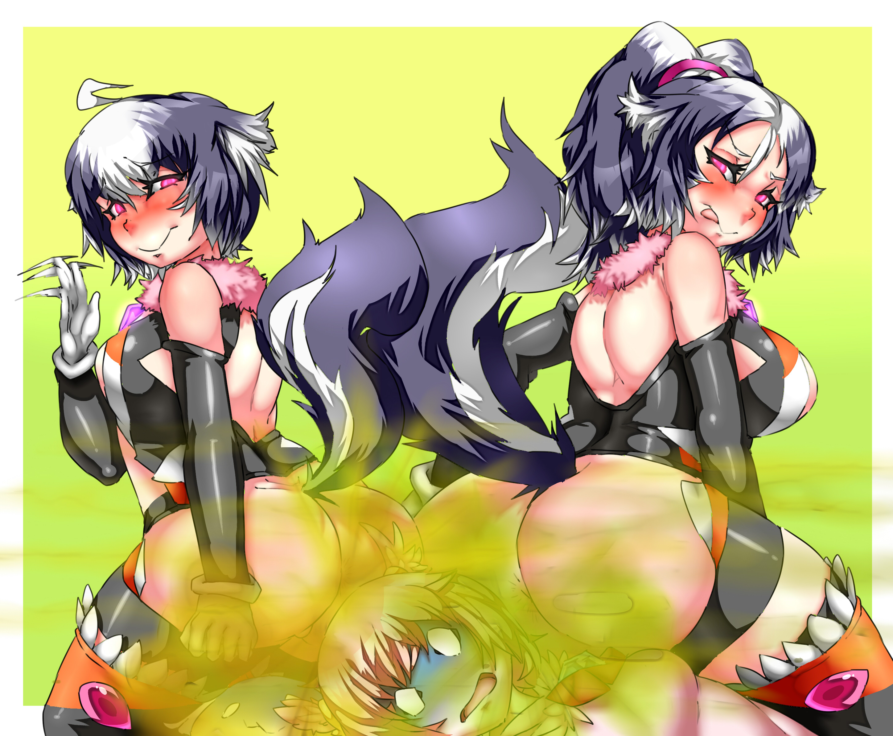 3girls, ahoge, ass, big ass, big butt, black hair, blush, fart, fart bukkake, fart cloud, fart fetish, fart torture, farting, female, glowing eyes, lazei, looking back, magical girl riru, pink eyes, ponytail, riru, rukoruko, short hair, skunk girl, skunk tail, tail, tongue, tongue out, two-tone hair, white hair, yae, yuri
