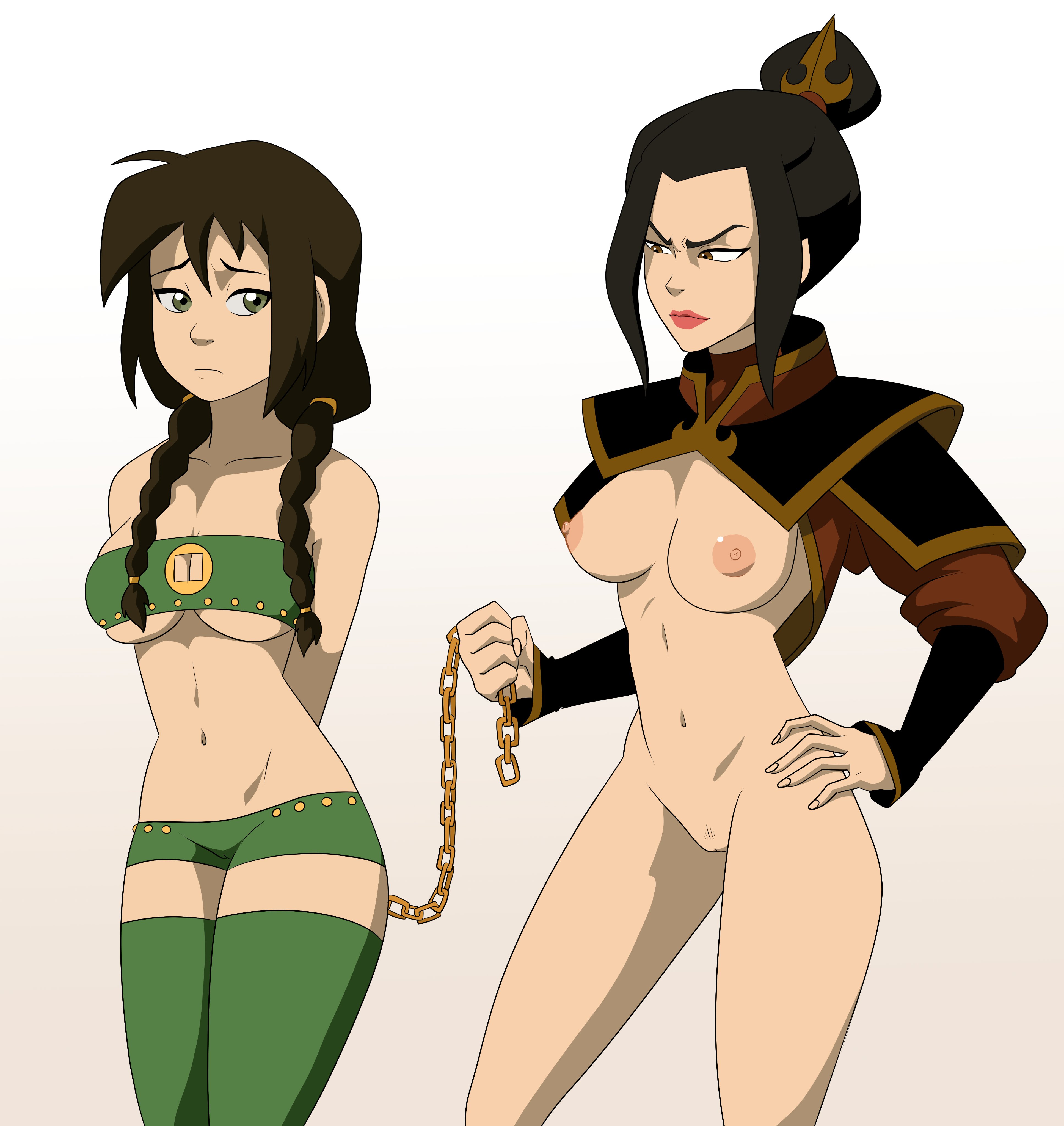 2girls, accurate art style, areolae, arms tied behind back, avatar the last airbender, azula, bondage, bottomless, bound, braided hair, braided twintails, breasts, brown eyes, brown hair, chained, chains, cleavage cutout, clothing, drpizzaboi1, earth kingdom, female, female only, femdom, femsub, fire nation, frown, functionally nude, green eyes, hand on hip, jin (avatar), large breasts, lipstick, medium breasts, midriff, multiple females, multiple girls, navel, nickelodeon, nipples, plain background, pussy, restrained, revealing clothes, short shorts, shorts, skimpy, slave, stockings, thighhighs, tied hair, tubetop, underboob, yuri