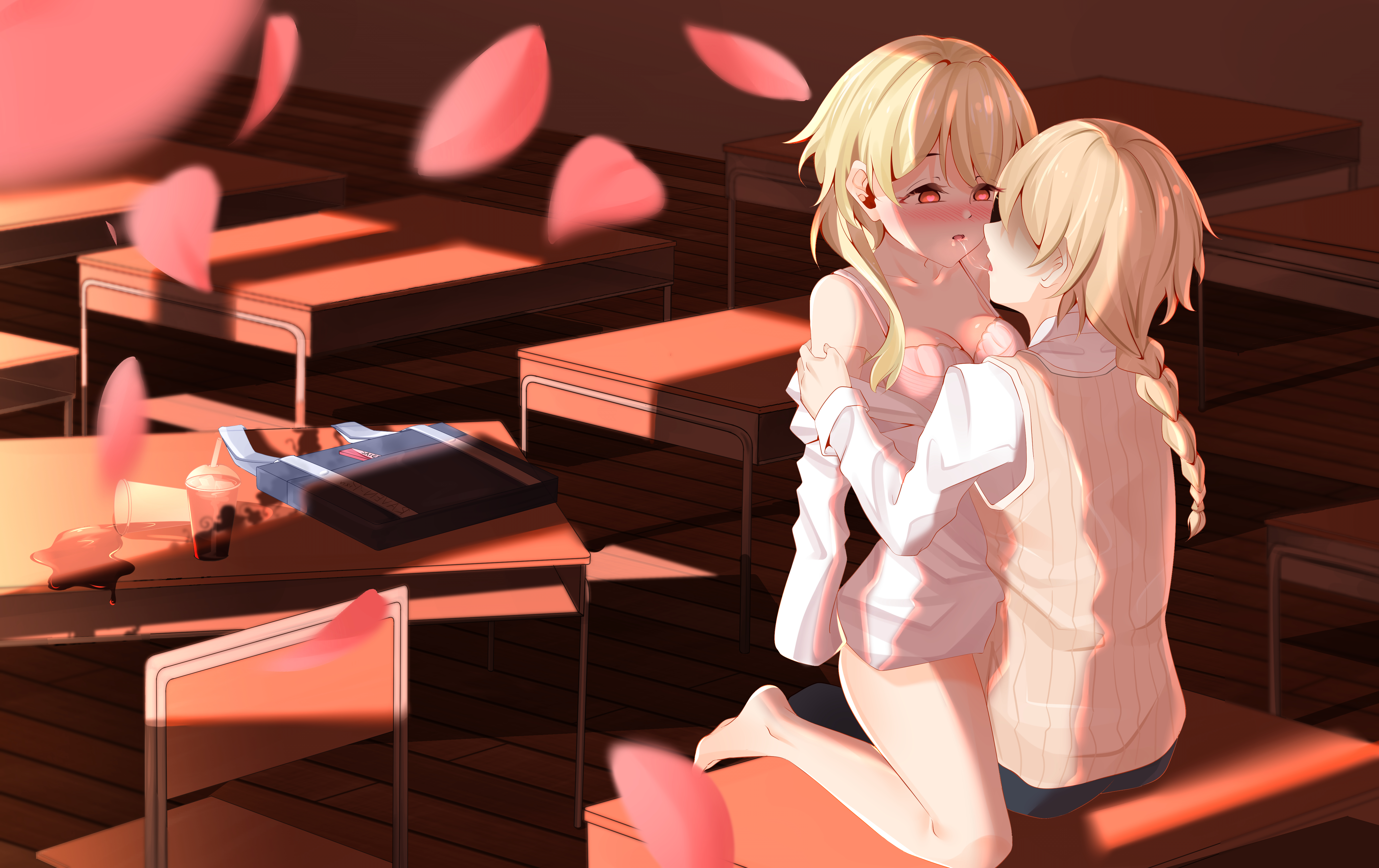 1boy, 1girls, absurd res, aether (genshin impact), ambiguous penetration, bikini, blonde hair, blush, bottomless, bra, braid, brother and sister, chair, classroom, desk, female, genshin impact, heart-shaped pupils, hetero, hoyoverse, imminent incest, imminent sex, imminent vaginal, incest, light-skinned female, light-skinned male, looking at another, lumine (genshin impact), male, mihoyo, mostly clothed, pussy, saliva, saliva trail, siblings, straight, twincest, twins, undressing