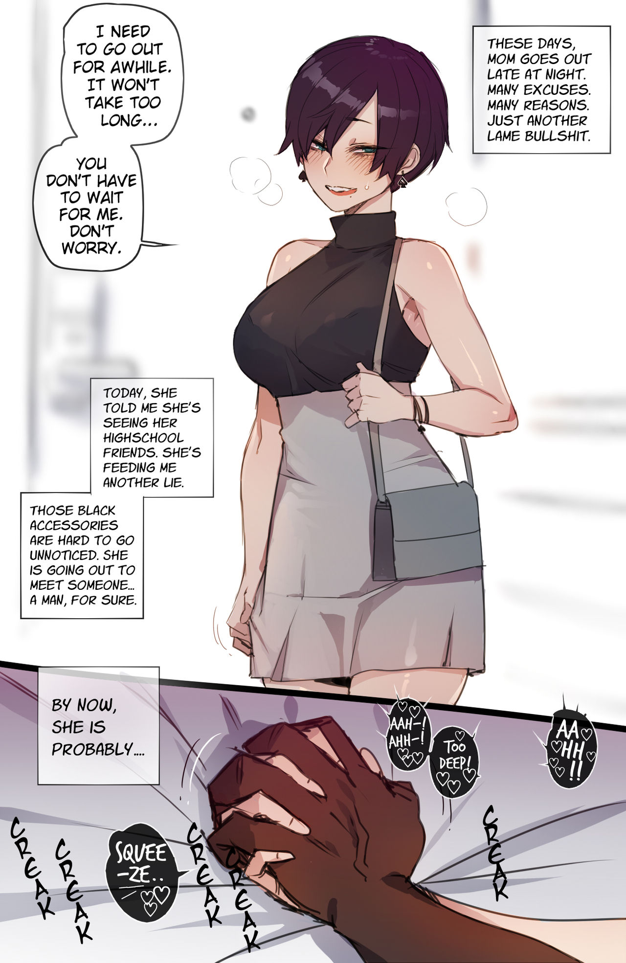 1boy, 1girls, breasts, cheating, cheating female, cheating girlfriend, cheating wife, cuckold, dark skin, dark-skinned male, english text, female, interracial, large breasts, male, motherly cuckold, netorare, ntr, queen of spades, ratatatat74, spade, text
