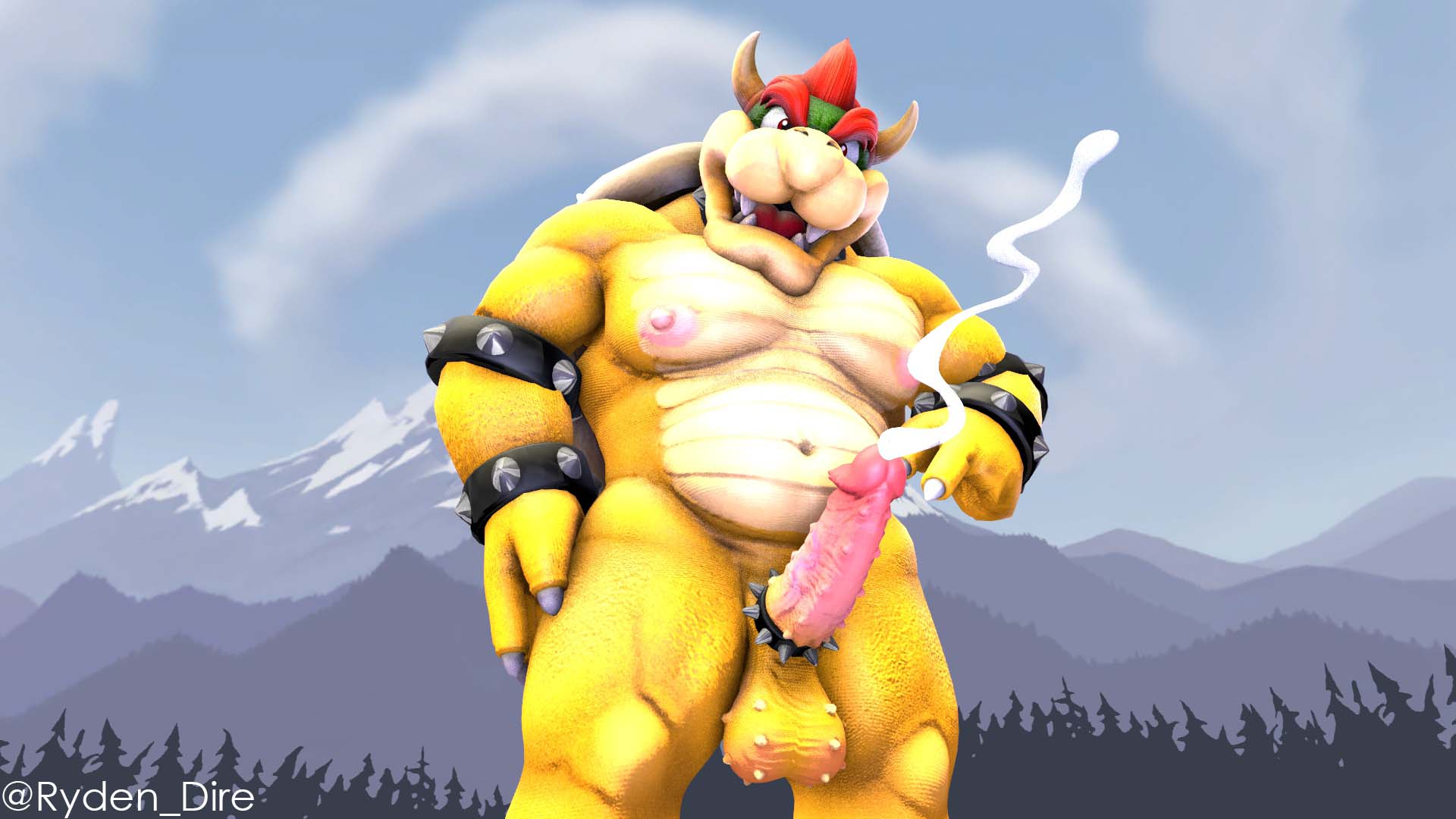 16:9 1boy 2019 3d accessory anthro balls biped bodily_fluids bowser cock_ring cum day erection fangs genital_fluids genitals hair hi_res horn humanoid_genitalia humanoid_penis jewelry koopa male male_only mammal mario_(series) mountain muscular muscular_anthro muscular_male nintendo nipples nude open_mouth outside penis penis_accessory penis_jewelry red_eyes red_hair reptile ryden_dire scales scalie sky solo source_filmmaker spiked_cock_ring spikes standing tan_body tan_scales video_games widescreen yellow_body yellow_scales