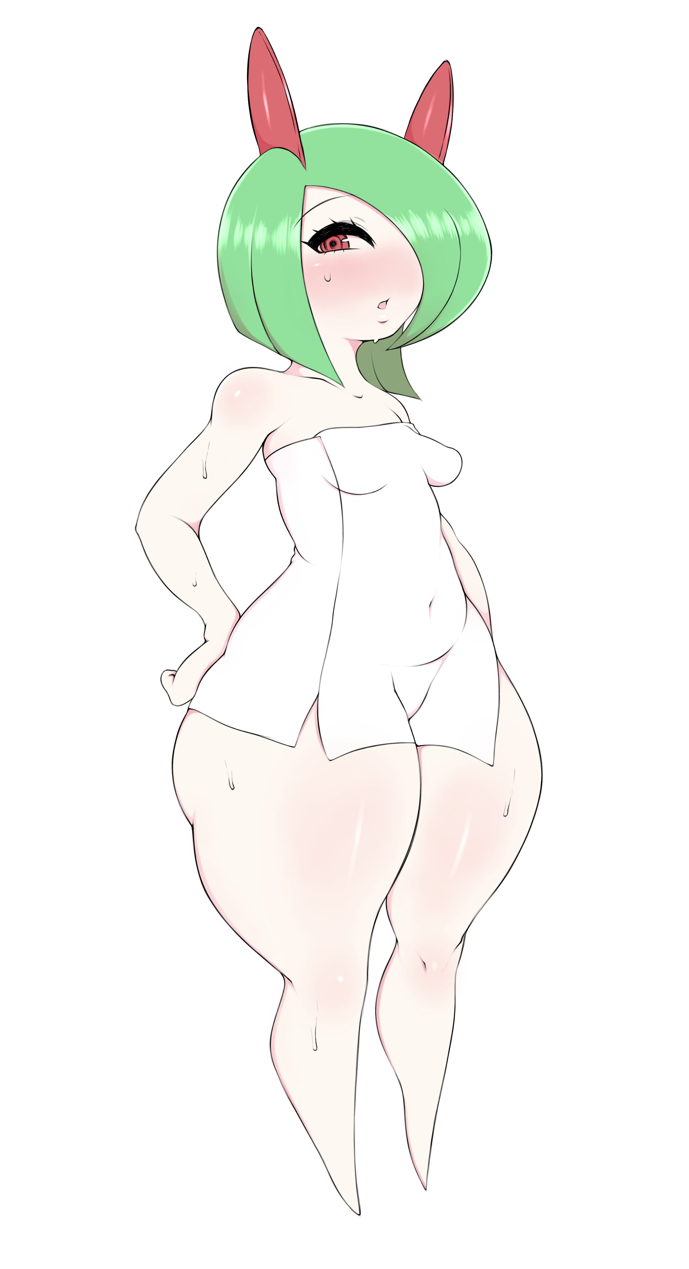 !, 1girls, anthro, blush, breasts, eye contact, female, female pokemon, green hair, kirlia, looking at viewer, nintendo, pokemon, pokemon (species), pokemon rse, red eyes, saltyxodium, shortstack, small breasts, solo, standing, thick thighs, thighs, towel, wet, white body, wide hips