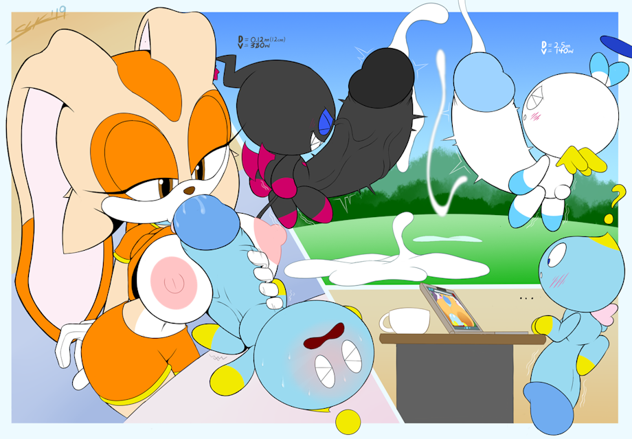 1girls anthro breasts bunny_girl chao_(sonic) cream_the_rabbit cum dark_chao ejaculation fellatio furry hero_chao large_breasts larger_female paizuri slickehedge smaller_male sonic_(series) titjob