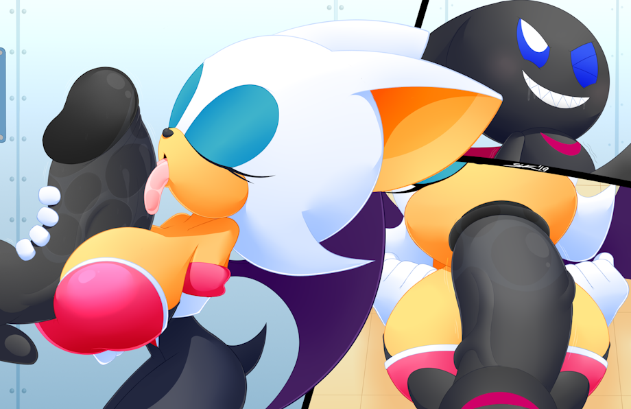 1girls anthro breasts chao_(sonic) closed_eyes dark_chao fellatio furry huge_breasts large_breasts large_penis paizuri penis rouge_the_bat shortstack slickehedge sonic_(series) titjob tongue tongue_out