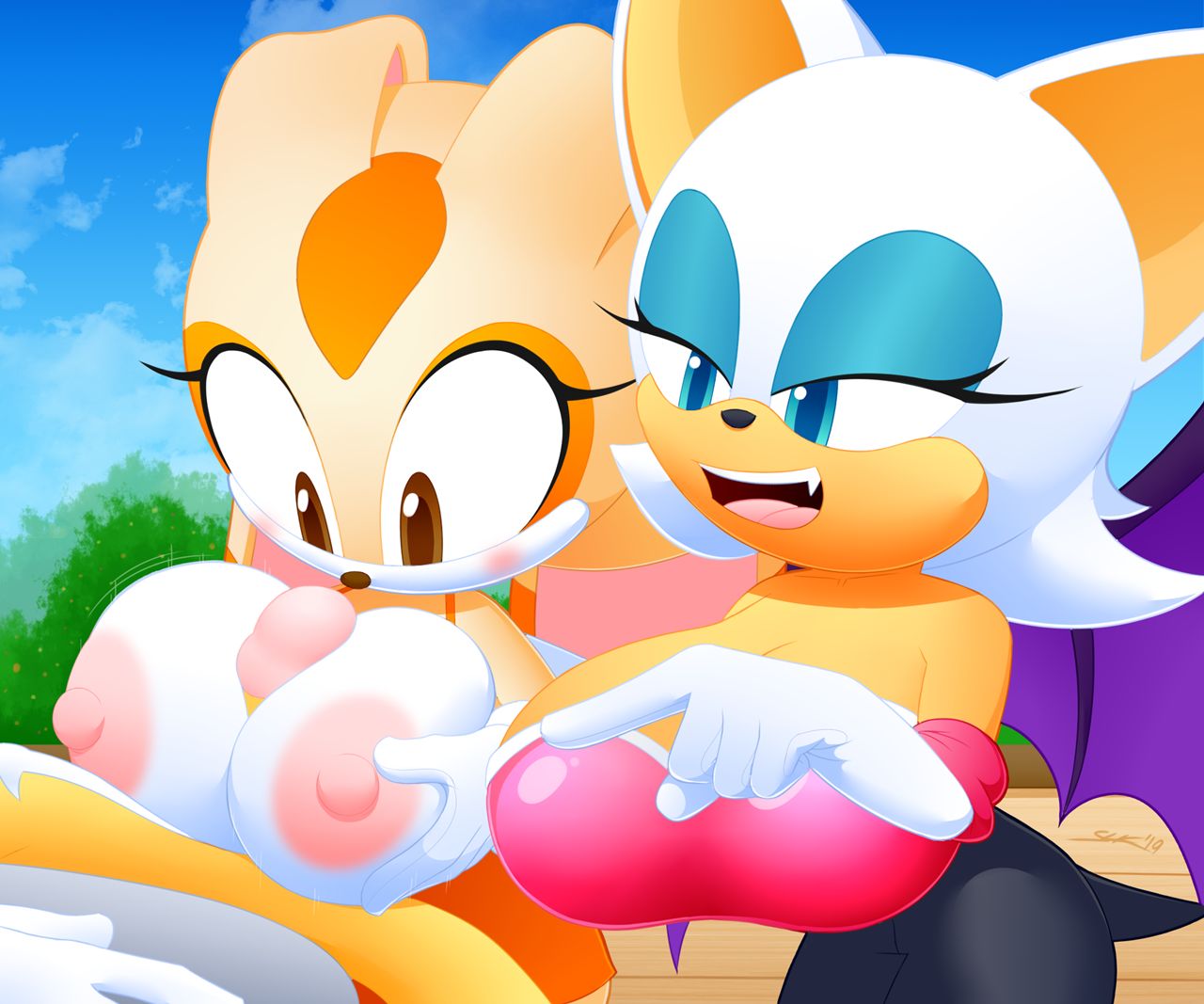 1boy, 2girls, anthro, anthro on anthro, blue eyes, breasts, brown eyes, cream the rabbit, female, furry, huge breasts, large breasts, male, paizuri, rouge the bat, sex education, slickehedge, sonic (series), tails, tails the fox, teaching, titjob