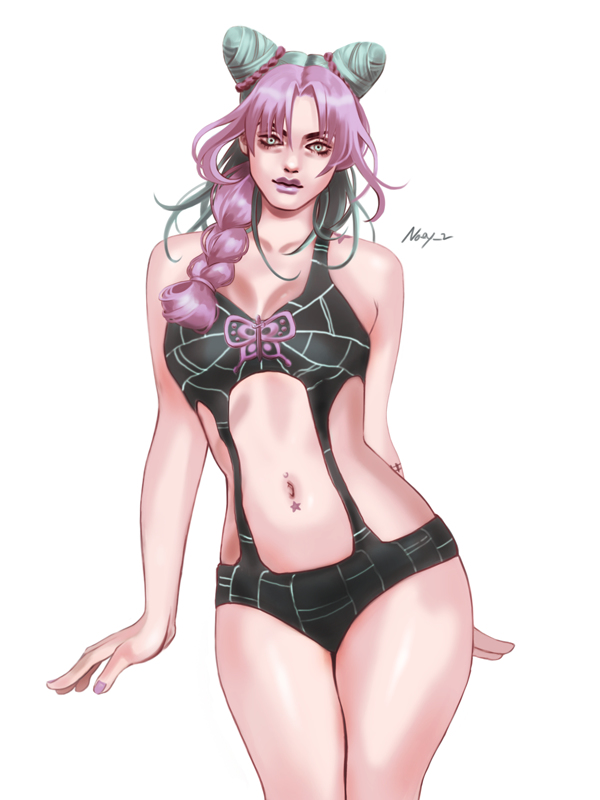 1girls, 2016, clothed, female, female only, jojo's bizarre adventure, jolyne kujo, midriff, noey z, one-piece swimsuit, panties, pinup, posing, skimpy, solo female, stone ocean, swimsuit, toned, toned female
