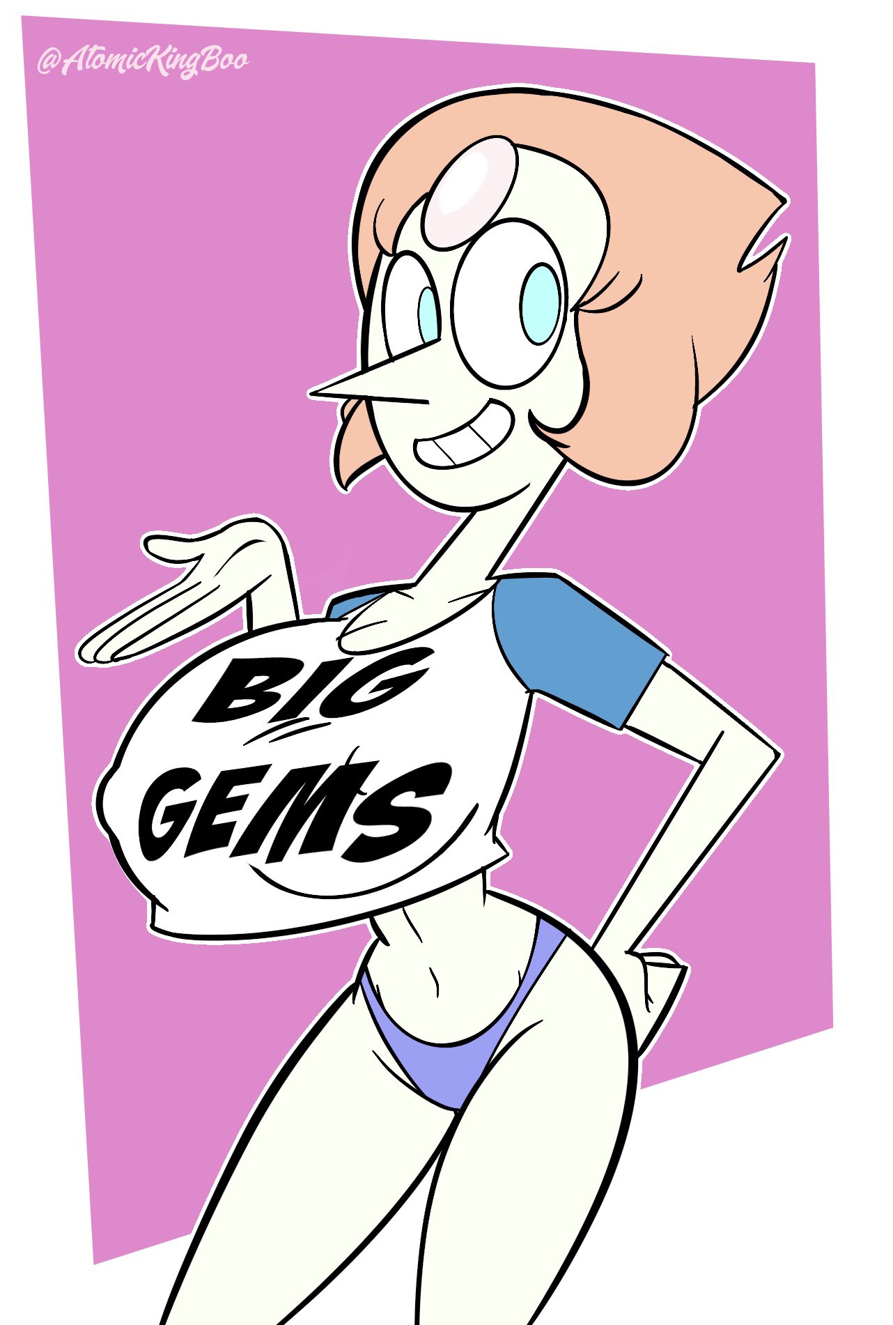 alien, arms, atomickingboo, cartoon network, female, female focus, female only, gem (species), humanoid, light skin, light-skinned female, lower body, panties, pearl (steven universe), shirt, skinny, solo, solo female, solo focus, steven universe, top heavy, upper body, watermark, white skin