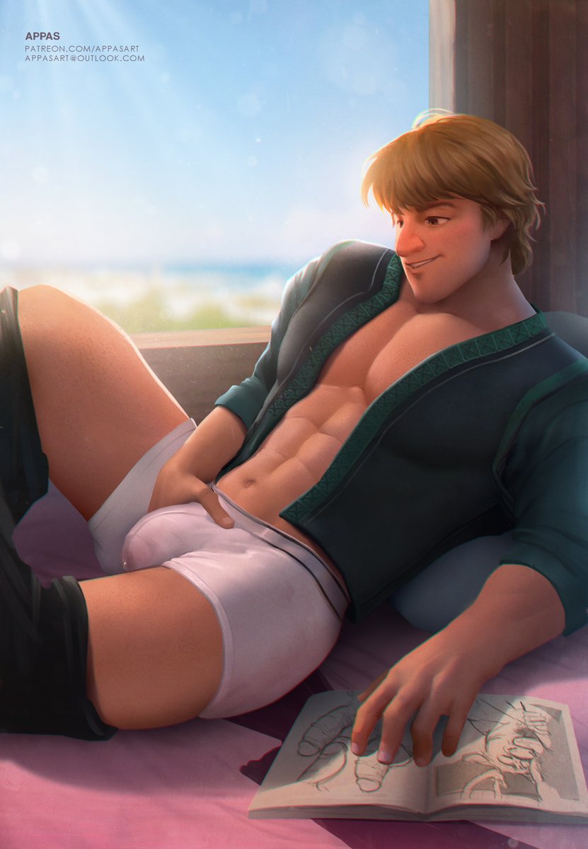 1boy, abs, appasart, blonde hair, boxer briefs, bulge, cumdrip, disney, drawing, foreskin, frozen (film), holding penis, kristoff (frozen), looking at porn, male, male only, muscular, muscular male, open jacket, pants down, pecs, penis, penis under clothes, precum, precum drip, precum through clothing, see-through underwear, solo, uncircumcised, uncut, underwear, white underwear
