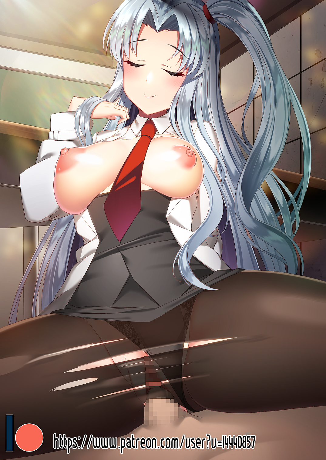 angela (lobotomy corporation), blush, breasts, censored, closed eyes, closed mouth, clothed sex, clothing, exposed breasts, female, grey hair, lobotomy corporation, long hair, panties, panties aside, pointless censoring, project moon, pussy, ripped pantyhose, tie, vaginal penetration
