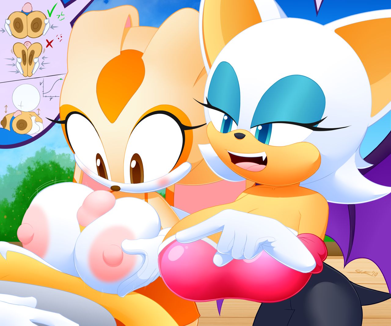 1boy 2girls anthro anthro_on_anthro blue_eyes breasts brown_eyes cream_the_rabbit furry huge_breasts large_breasts paizuri rouge_the_bat sex_education slickehedge sonic_(series) speech_bubble tails teaching titjob titjob