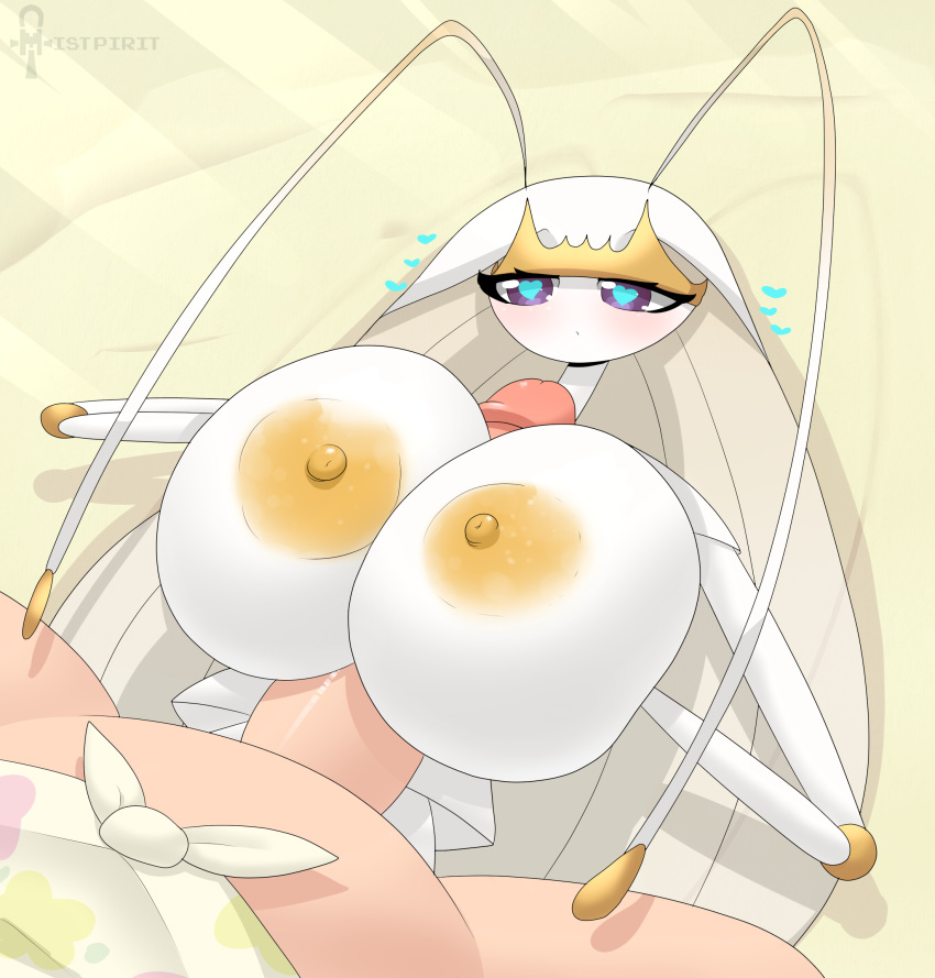 <3, 1futa, 1girls, anthro, breast squeeze, breasts, breasts bigger than head, color, colored, colored nipples, female, female pokemon, furry, futanari, glans, heart, heart-shaped pupils, huge breasts, human, intersex, laying down, light skin, love, mistpirit, nintendo, nipples, paizuri, penis, pheromosa, pokemon, pokemon (species), pokemon sm, selene (pokemon), titjob, ultra beast, white skin, yellow nipples