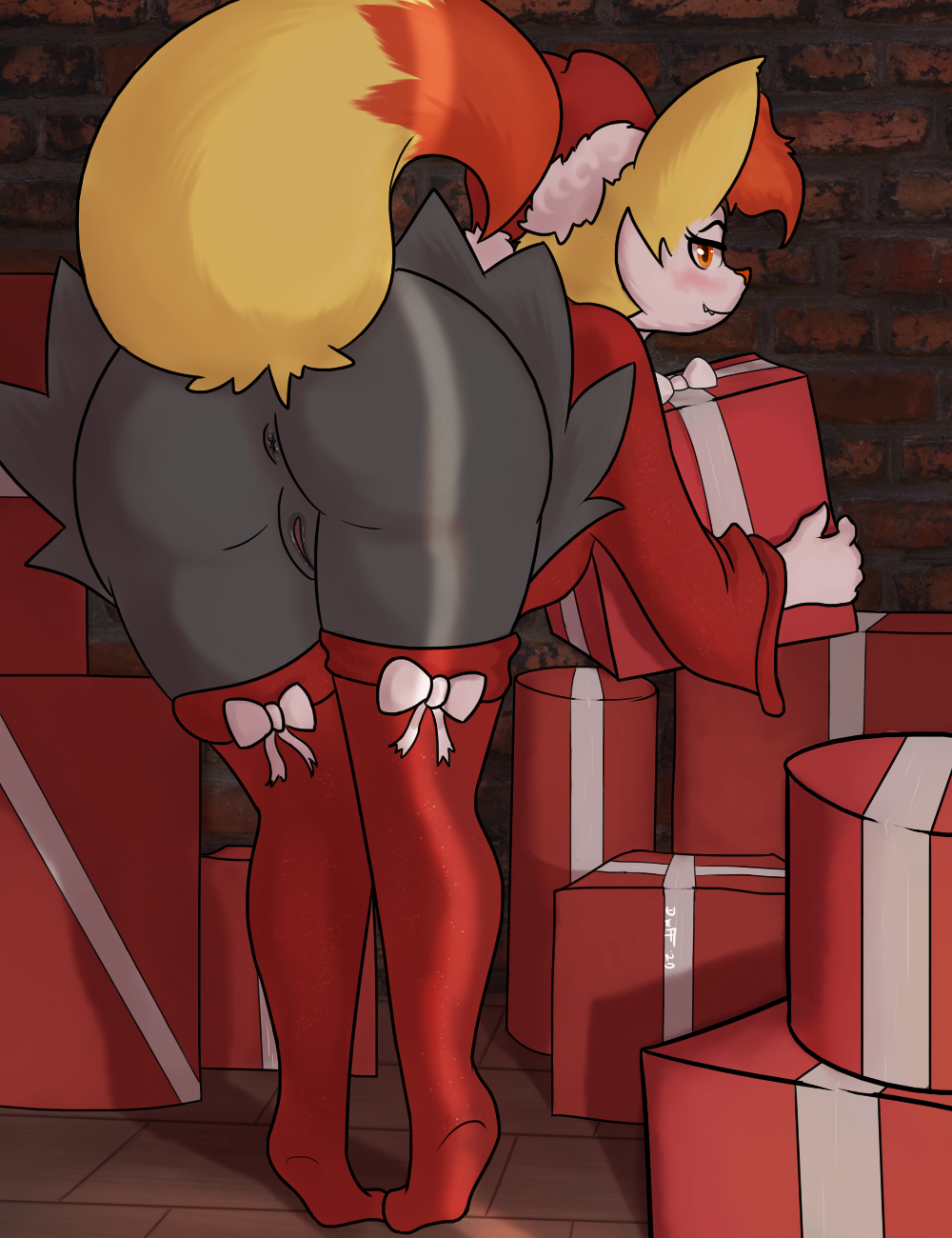 anthro anus ass bent_over bottomless braixen christmas christmas_clothing clothed clothing dunewulff female genitals gift grin hi_res holidays legwear looking_back nintendo pokémon_(species) pokemon pokemon_(species) pussy smile solo stockings video_games