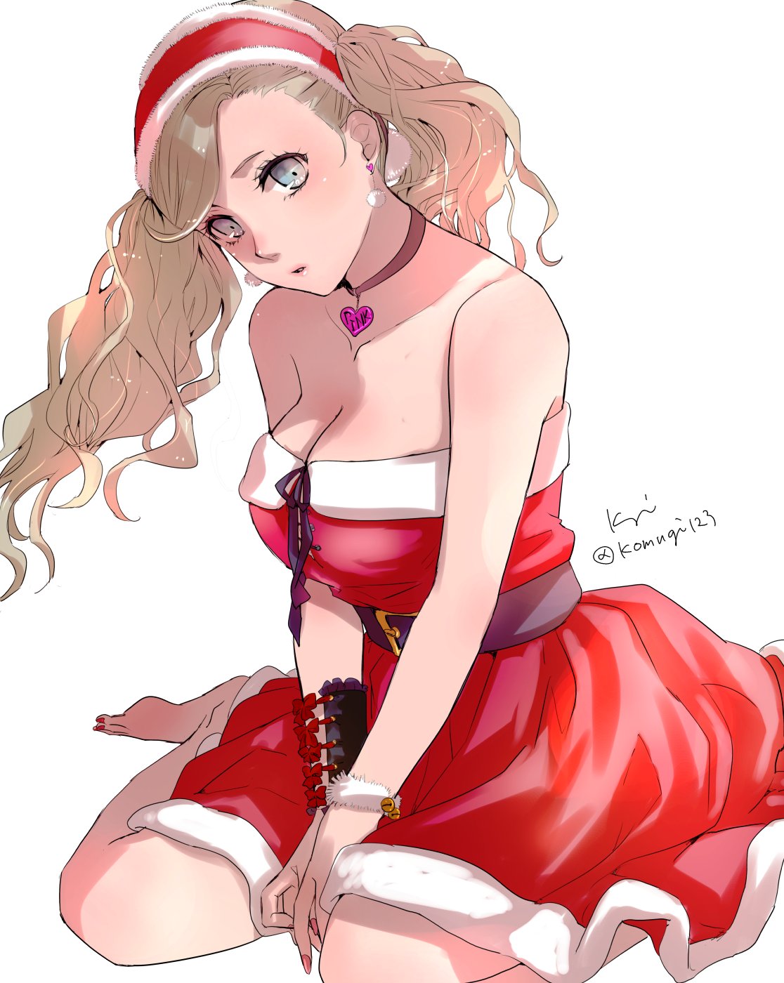 1girls, 2d, ann takamaki, artist name, artist signature, blonde hair, blue eyes, breasts, christmas, cleavage, earrings, feet, female, heart necklace, kneeling, komugi123, light skin, looking at viewer, medium breasts, persona, persona 5, red fingernails, santa costume, solo, solo female, twintails, white background