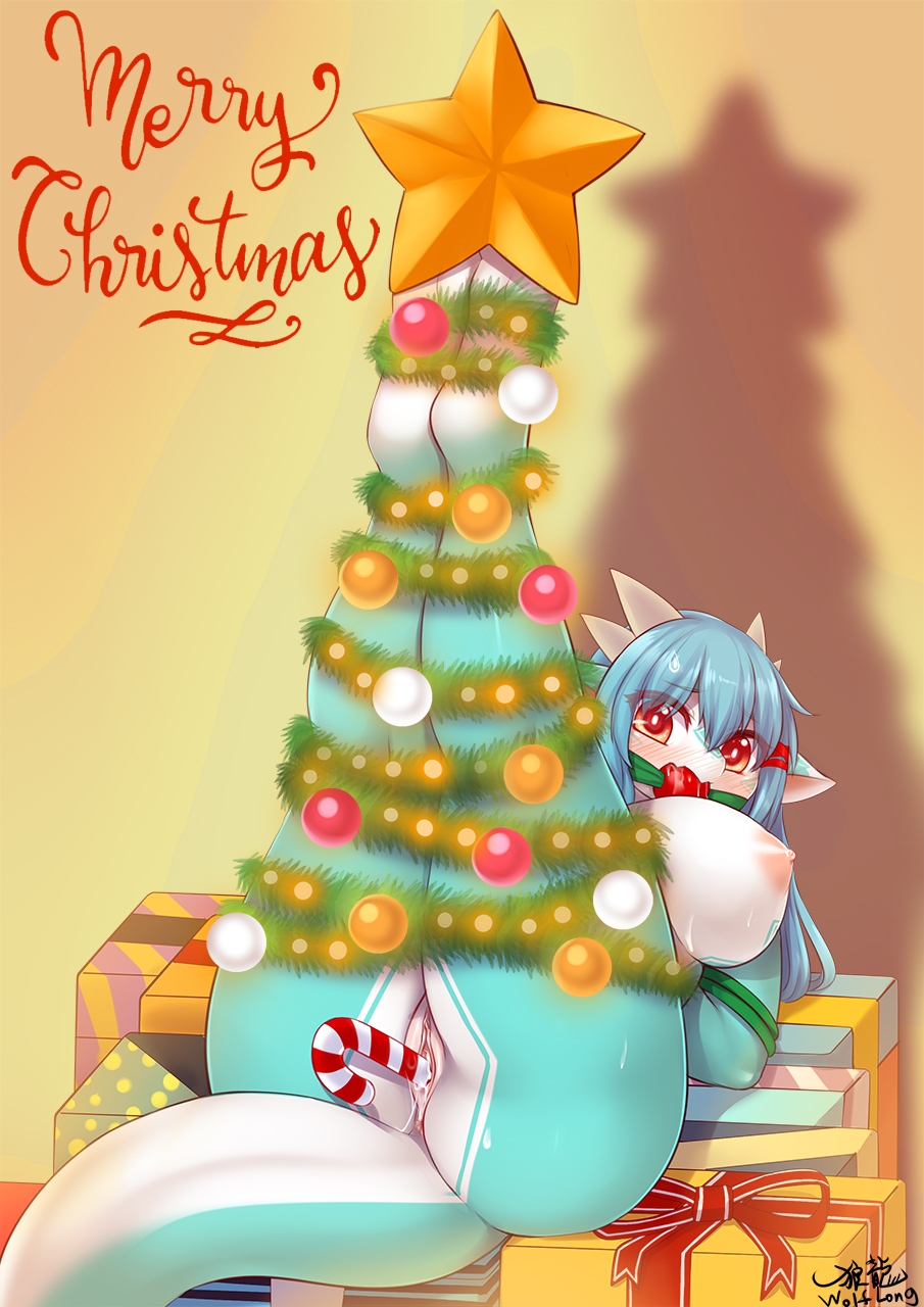 2020 airlemi_(character) anthro ass ball_gag big_breasts blue_hair blush blush_lines bodily_fluids bondage bound breasts candy candy_cane christmas christmas_lights christmas_tree colored dessert dragon english_text eye_through_hair eyebrow_through_hair eyebrows female food food_fetish food_insertion food_play full-length_portrait gag gagged genital_fluids genitals gift hair hi_res holidays humanoid_genitalia humanoid_pussy improvised_sex_toy legs_together legs_up light lighting looking_at_viewer nipples non-mammal_breasts nude penetration plant portrait pussy pussy_juice red_eyes signature solo sweat text translucent translucent_hair tree vaginal_penetration wolflong