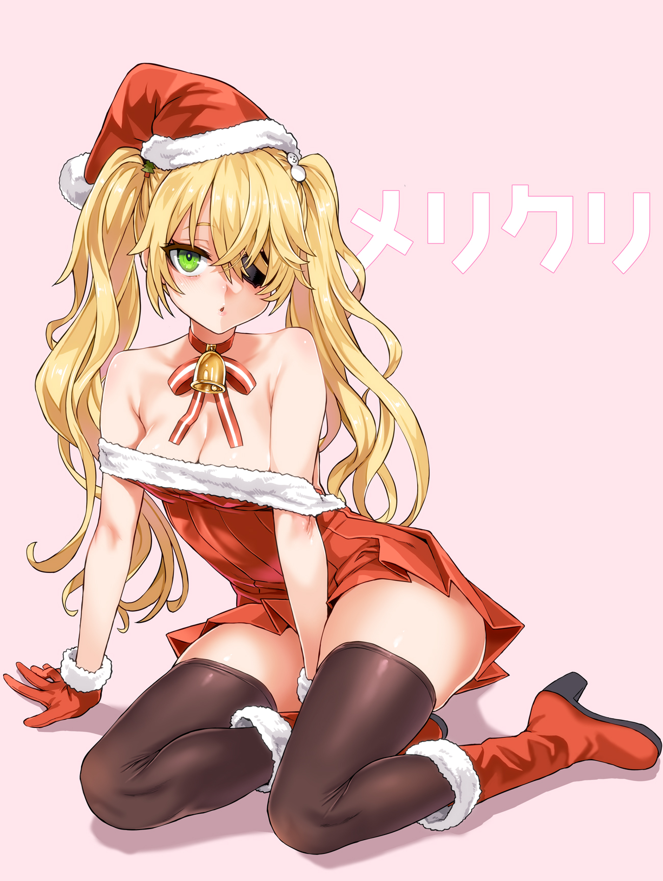 asanagi, blonde hair, breasts, choker, christmas, cleavage, eyepatch, female, female only, fischl (genshin impact), genshin impact, green eyes, light skin, light-skinned female, looking at viewer, pale skin, pale-skinned female, santa costume, santa hat, simple background, sitting, small breasts, solo, thick thighs, thighhighs, twintails