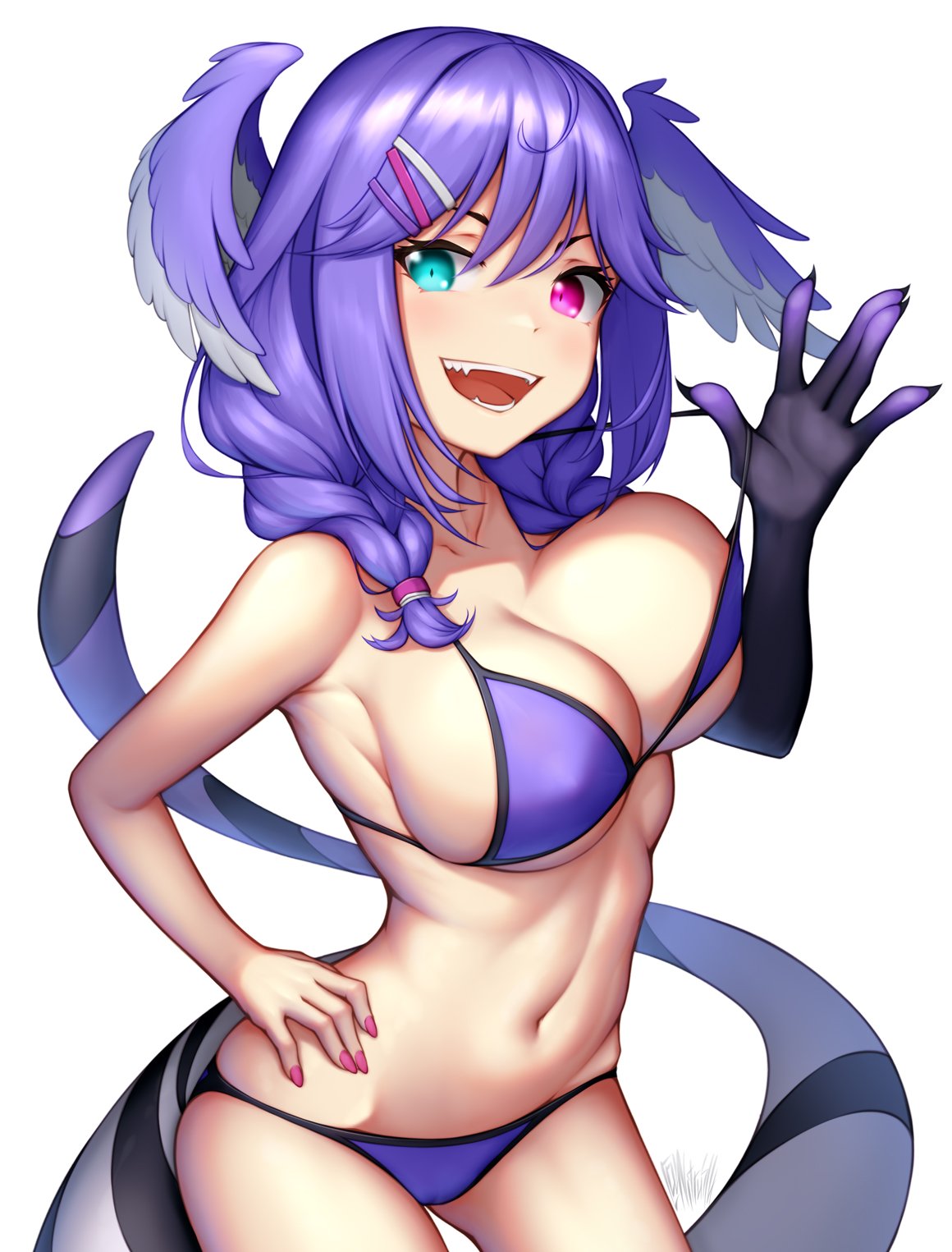 1girls bare_midriff bare_shoulders belly_button big_breasts bikini cleavage dragon_girl dragon_hand dragon_tail exposed_shoulders exposed_torso fangs hair_over_shoulder hair_wings hairclip hand_on_hip head_wings heterochromia looking_at_viewer midriff navel nijisanji nijisanji_en nitrus14 purple_hair selen_tatsuki solo solo_female solo_focus swimsuit tail twin_braids virtual_youtuber white_background