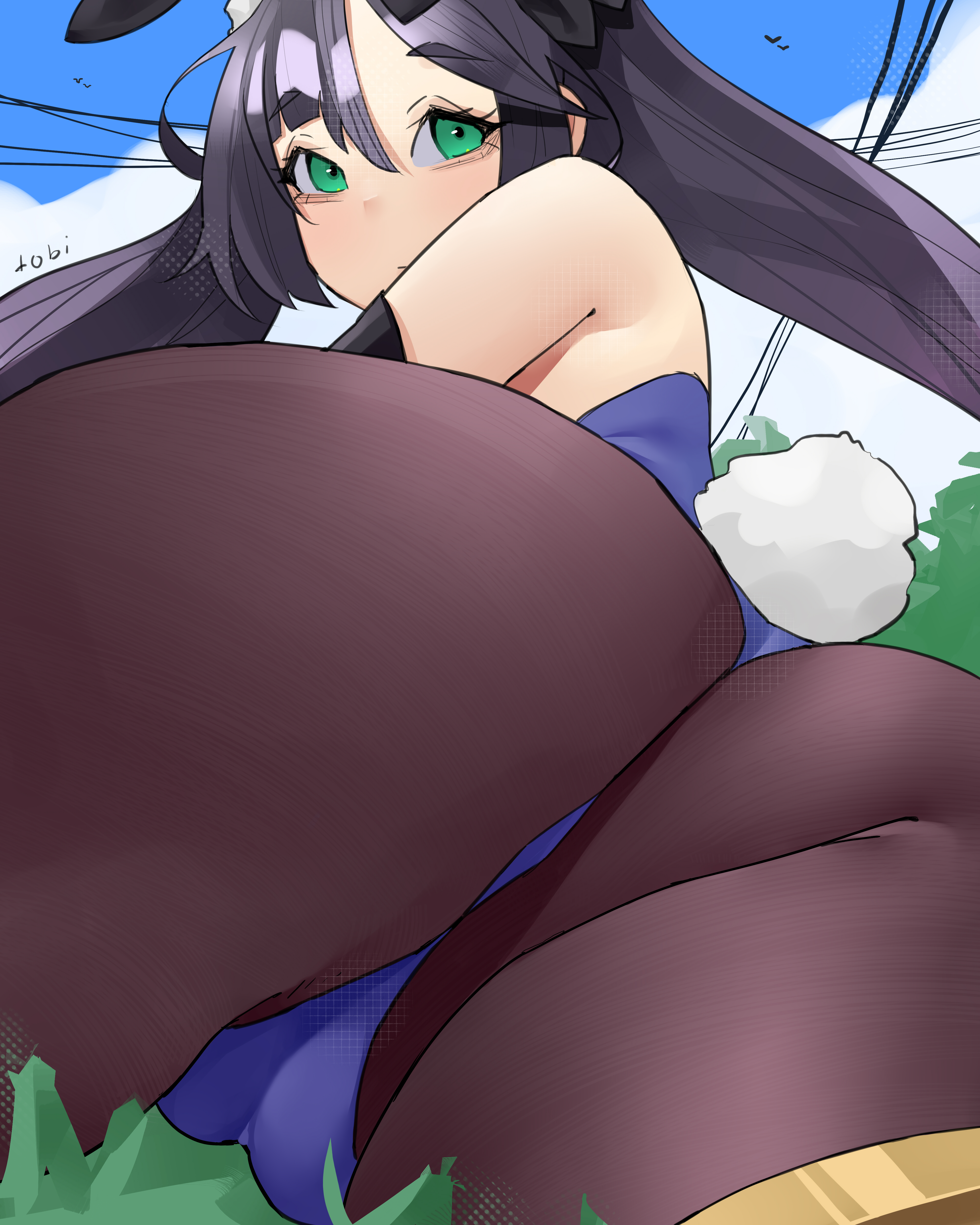 1girls, absurdres, animal ears, ass, ass focus, black legwear, blue sky, blush, bunny ears, bunny tail, cameltoe, female, from behind, genshin impact, gold trim, grass, green eyes, highres, leotard, looking at viewer, looking back, lying, mona (genshin impact), playboy bunny, purple hair, pussy, sky, solo, tail, thighs, thong leotard, tobi (unluckytobii), twintails