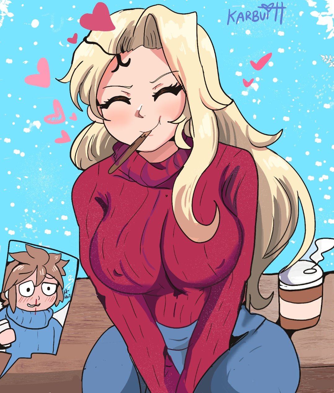 ^ ^, 1boy, 1girls, 2020, absurd res, alternate breast size, angel, artist name, blonde hair, blush, breasts, brown hair, closed eyes, clothed, clothing, coffee, cup, cute, english text, eyebrows visible through hair, female, full-face blush, fully clothed, goddess, hair ornament, hands between legs, heart, highres, karbuitt, kid icarus, large breasts, long hair, looking at another, male, mouth hold, nintendo, nipple bulge, nipples visible through clothing, no bra, nosebleed, open mouth, outdoors, pit (kid icarus), signature, sitting, sky, smile, snow, snowing, sweater, text, turtleneck, turtleneck sweater, v arms, viridi, wavy mouth, wholesome