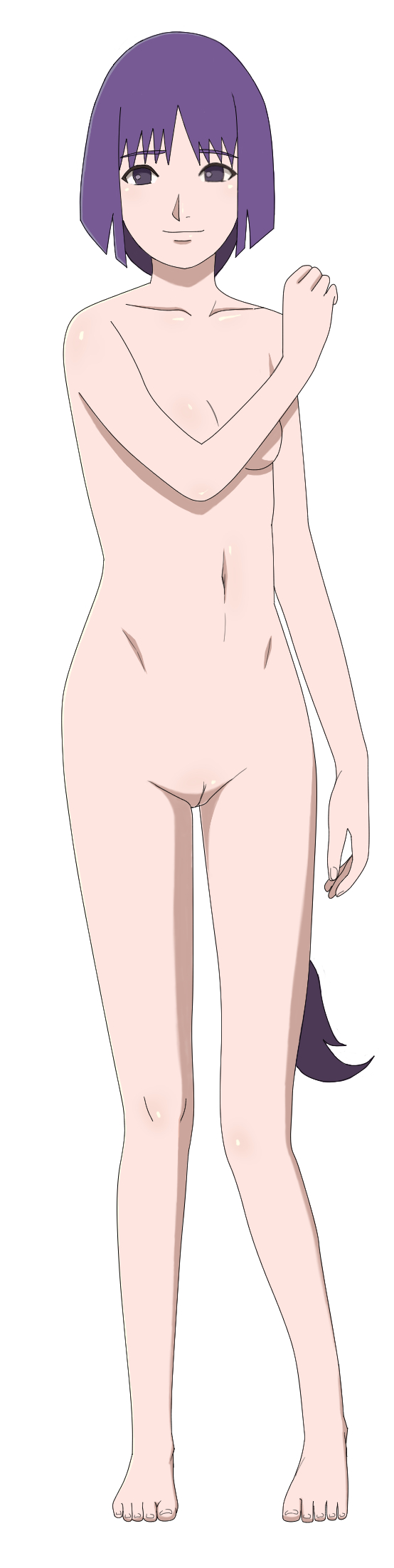 1girls, alternate hairstyle, boruto: naruto next generations, braided ponytail, breasts, cleavage, covering, covering breasts, feet, female, female only, full body, kakei sumire, long hair, looking at viewer, matching hair/eyes, naked, naruto, naruto (series), nude, ponytail, purple eyes, purple hair, pussy, small breasts, smile, tied hair, toes, vagina, very long hair