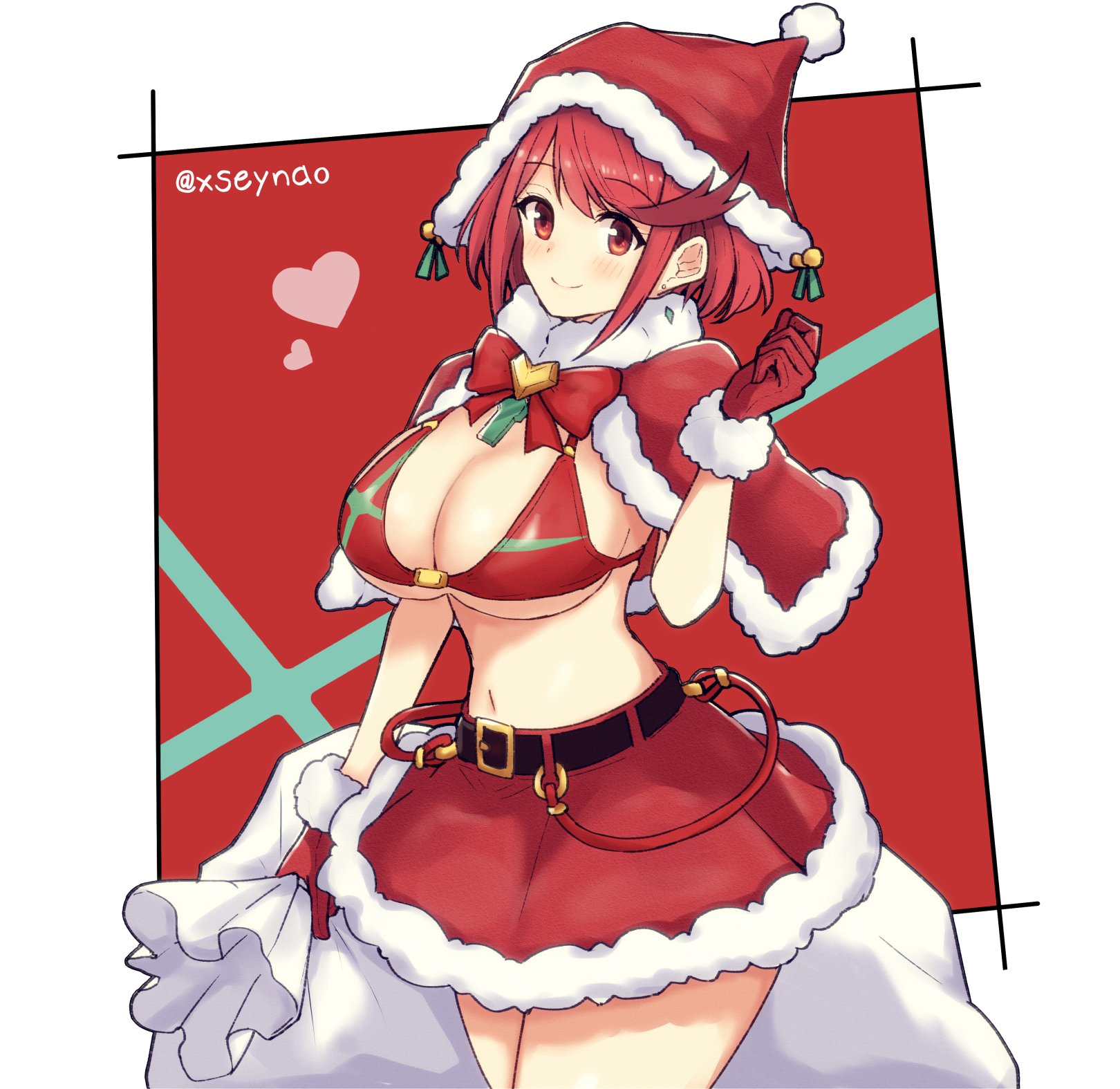 1girls, 2020, artist name, bag, belt, bikini, bikini top, bow, bowtie, chest jewel, christmas, cleavage, clothing, earrings, eyebrows visible through hair, female, female only, fur trim, gem, gloves, hat, heart, highres, holding bag, jewelry, looking at viewer, matching hair/eyes, midriff, mochimochi (xseynao), navel, nintendo, pyra, red bikini, red clothing, red eyes, red gloves, red hair, santa costume, santa hat, skirt, smile, solo, standing, swimsuit, thick thighs, thighs, twitter username, xenoblade (series), xenoblade chronicles 2