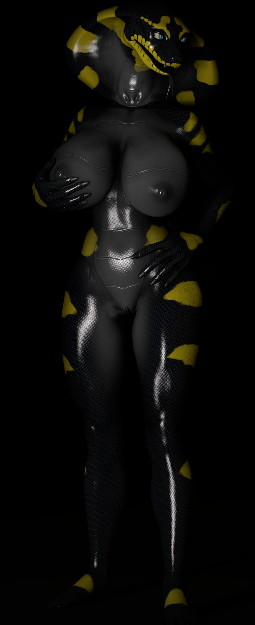 3d anthro black_body blue_eyes breasts cobra female genitals hand_on_breast hand_on_leg hand_on_thigh hi_res non-mammal_breasts nude pussy reptile scalie snake solo source_filmmaker spots tongue tongue_out yellow_spots