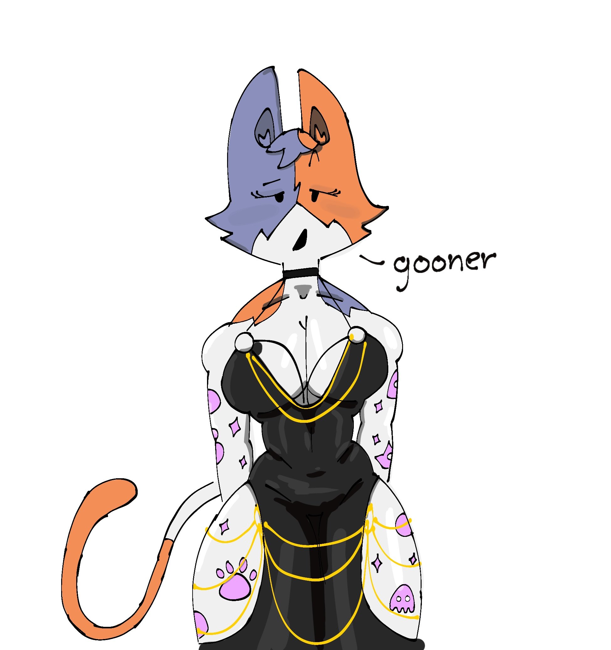 artist request, bare shoulders, breasts, brown fur, cat ears, cat girl, cat tail, cate meowdy (fortnite), choker, cleavage, dress, female, female only, fortnite, grey fur, hands behind back, looking at viewer, navel, sensual, slim waist, speech, tagme, tagme (artist), text, thick thighs, thigh window, tight clothing, voluptuous, white fur, wide hips