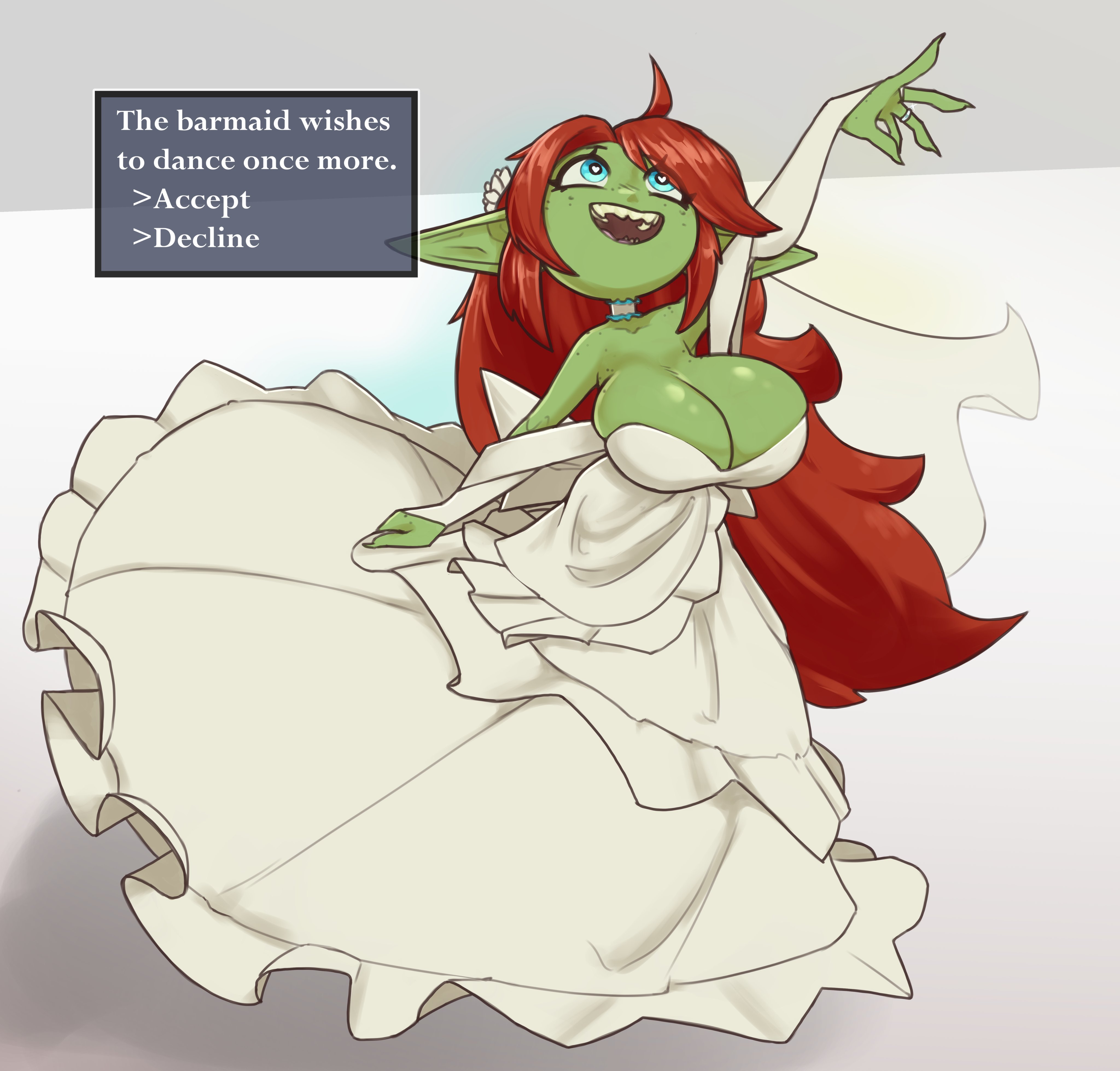 1girls, blue eyes, breasts, character request, choker, cleavage, dress, english text, female, female only, goblin, goblin female, green skin, green-skinned female, heart-shaped pupils, inviting, large breasts, long hair, looking up, original, original character, pointy ears, red hair, sharp teeth, skrt004, slim waist, smile, solo, symbol-shaped pupils, text, wedding dress