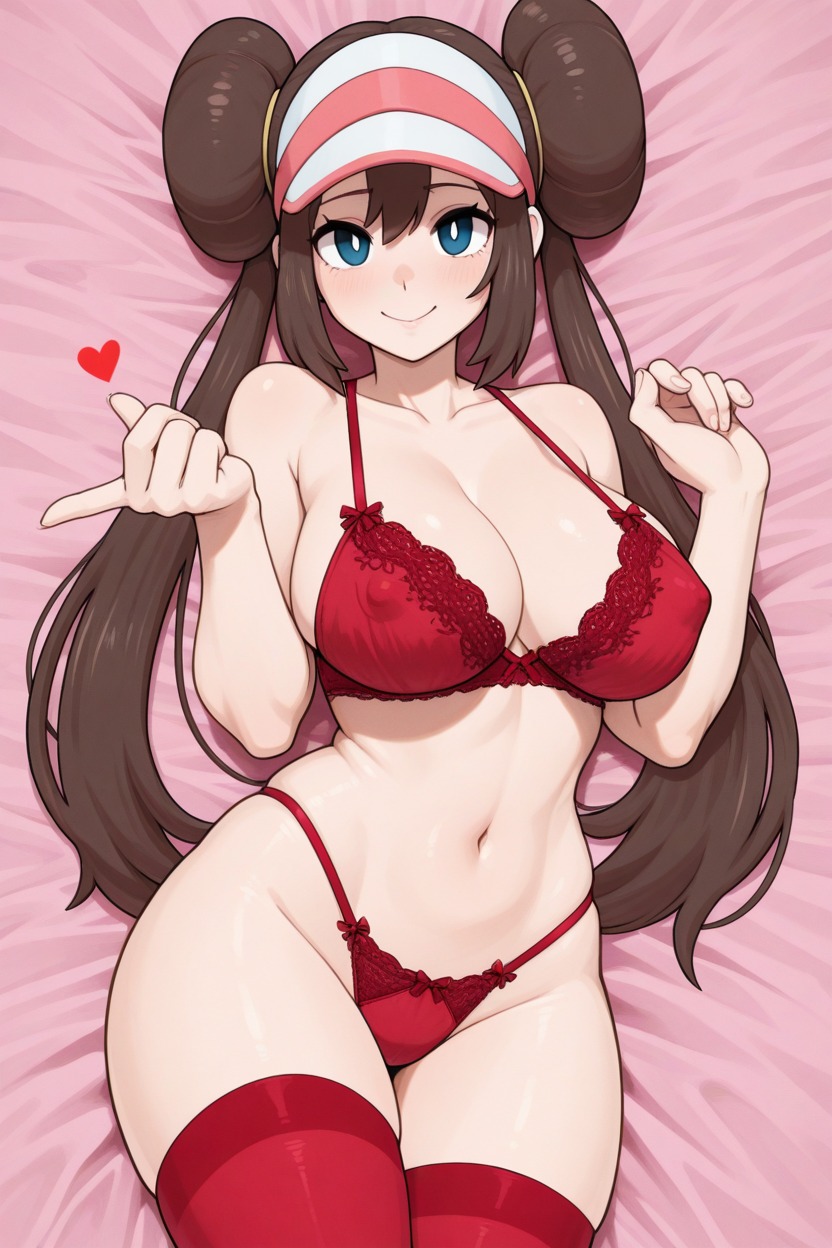 1female, 1girls, 1human, ai, ai generated, beckoning, beckoning viewer, bed, bedsheets, big breasts, blue eyes, bra, breasts, brown hair, cap, cute smile, female, female only, frosting.ai, game freak, hat, heart, human, human only, inviting, inviting viewer, legwear, lingerie, long hair, looking at viewer, lying, lying on back, lying on bed, nintendo, nipple outline, non-nude, on back, on bed, panties, pink bed sheet, pink sheets, pokemon, pokemon (game), pokemon bw, pokemon bw2, pokemon trainer, red bra, red heart, red legwear, red lingerie, red panties, red underwear, rosa (pokemon), sheets, smiling, solo, thick thighs, tummy, underwear, underwear only, white pupils