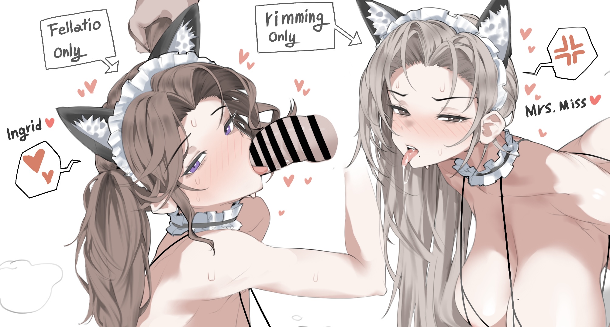 1boy, 2girls, anger vein, angry expression, angry face, artist request, bare shoulders, blush, breasts, breasts out, brown eyes, brown hair, cat ears, censor bar, censored, censored penis, cleavage, english text, fake animal ears, fellatio, goddess of victory: nikke, grey hair, hag, hearts, hearts around head, highres, huge breasts, ingrid (nikke), light skin, light-skinned female, long hair, looking at viewer, maid, maid collar, maid headdress, mature, mature female, mole, mole on breast, mole under mouth, mrs. miss (nikke), purple eyes, rimjob, rimming, sweat, tongue, tongue out, twintails, unconventional maid, vlzkcbqorn, white background
