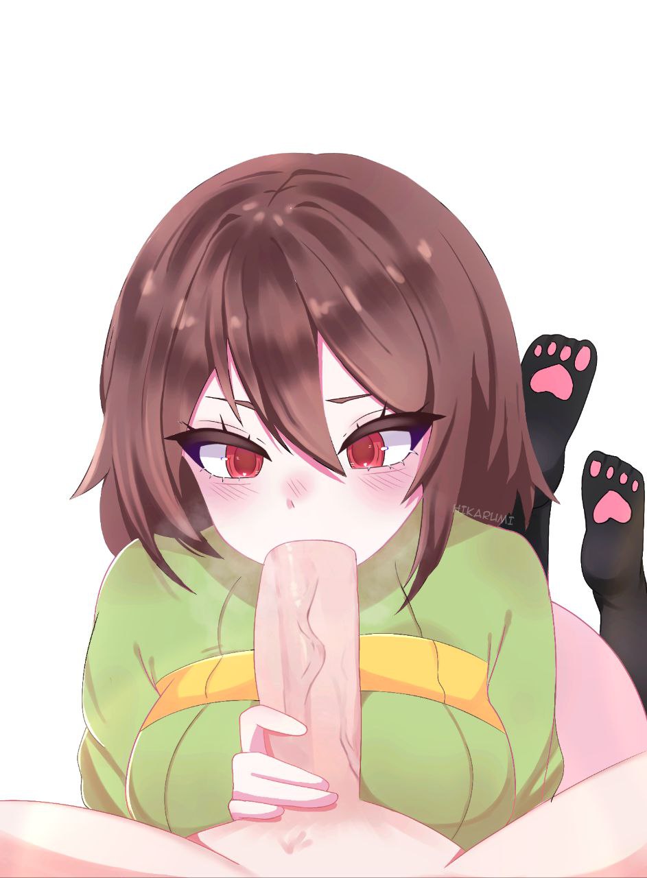 1boy, 1girls, big penis, blush, cat thighhighs, chara, chara (undertale), clothing, female chara, hikarumii, looking at penis, penis, penis in mouth, red eyes, text, thighhighs, undertale, undertale (series), veiny penis