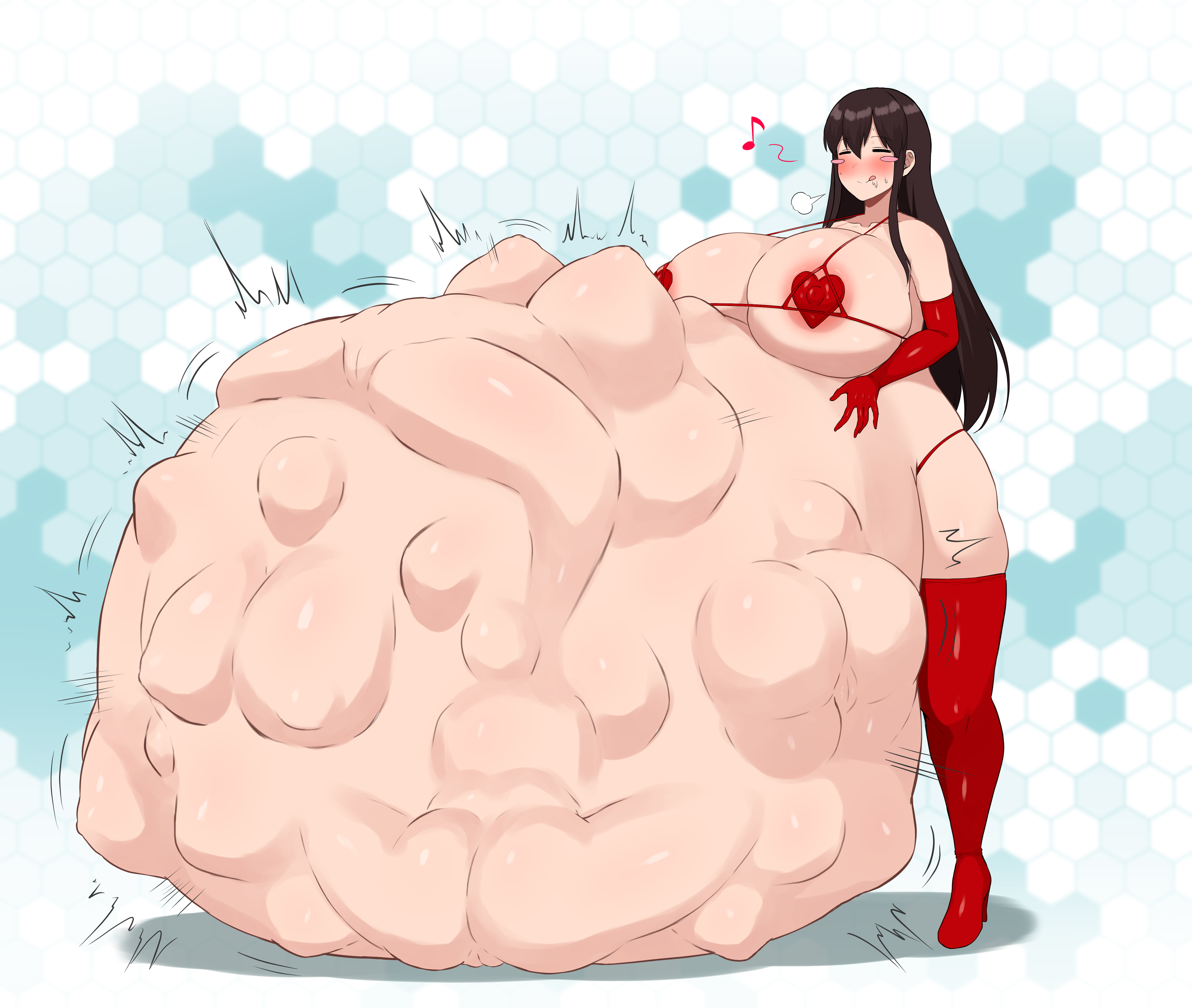 = =, akagi (kantai collection), bikini, blush, closed mouth, daien (daien418), female pred, hand on belly, happy, heart pasties, huge breasts, immobile, kantai collection, licking lips, micro bikini, multiple prey, pasties, red gloves, red pasties, red thighhighs, sequence, smile, struggling prey, vore, weight gain