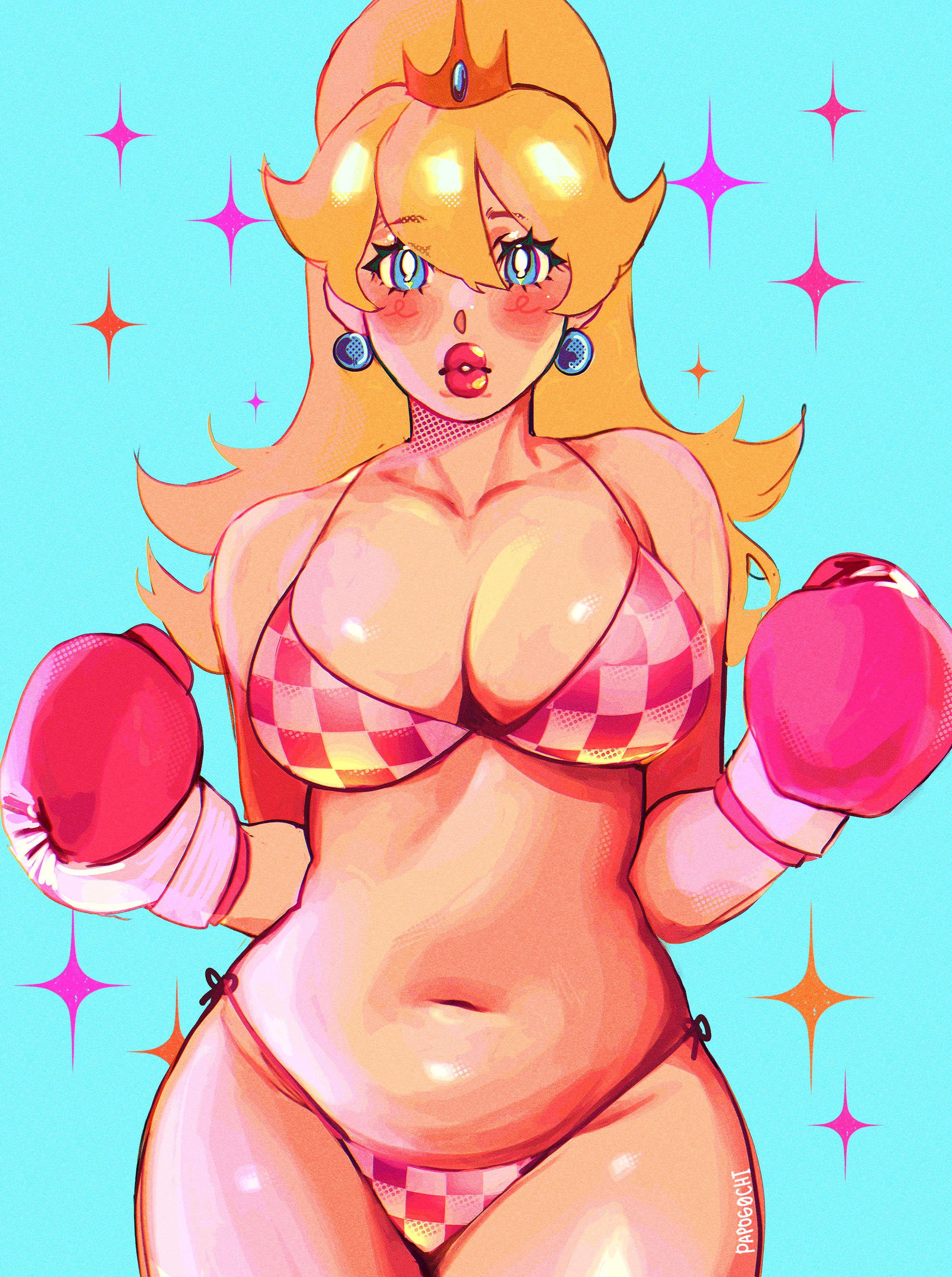 1girl, absurdres, alternate costume, artist name, artist signature, belly, big breasts, bikini, blonde hair, blue background, blue eyes, blush, boxing gloves, breasts, bright pupils, checkered bikini, checkered clothes, cleavage, collarbone, commentary, cowboy shot, crown, curvy, earrings, english commentary, female, female only, gloves, gold crown, hair between eyes, hair up, hands up, high ponytail, highres, jewelry, large breasts, lips, lipstick, long hair, looking at viewer, makeup, mario (series), mini crown, nail polish, navel, nintendo, painted nails, papogochi, parted lips, pink bikini, pink boxing gloves, pink gloves, pink lips, pink lipstick, pointed crown, ponytail, princess peach, solo, sphere earrings, swimsuit, thick lips, thick thighs, thighs, tummy, white pupils, wide hips