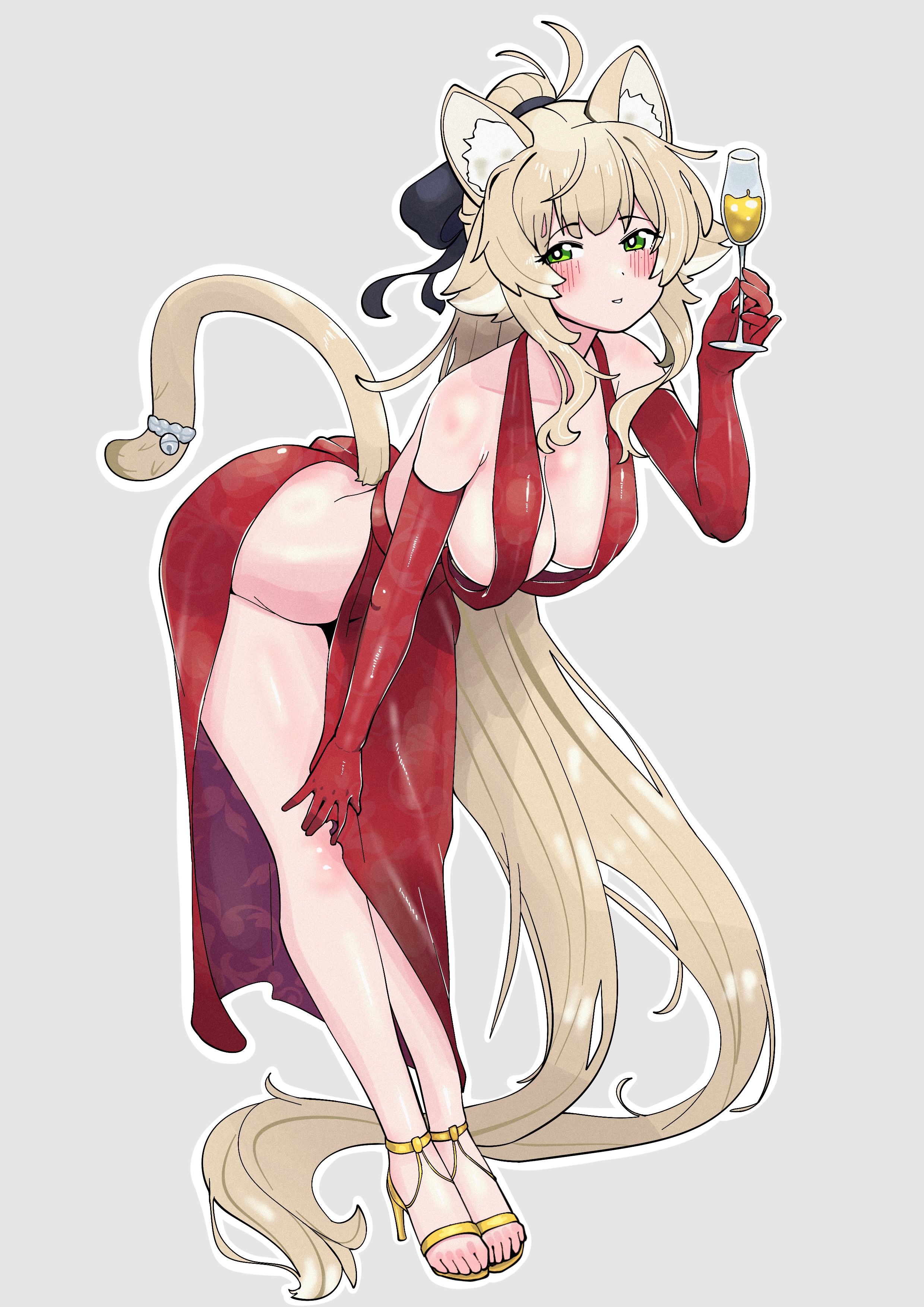 animal ears, bangs, bent over, blonde hair, blush, cat ears, cat tail, catgirl, champagne, cleavage, clothed, clothing, dress, drinking glass, elbow gloves, feet, female focus, female only, gauntlets, glass, green eyes, happy, high heels, long hair, long legs, looking at viewer, medium breasts, pale skin, pale-skinned female, seiranaichi, smile, smiling, smiling at viewer, toes, wine glass