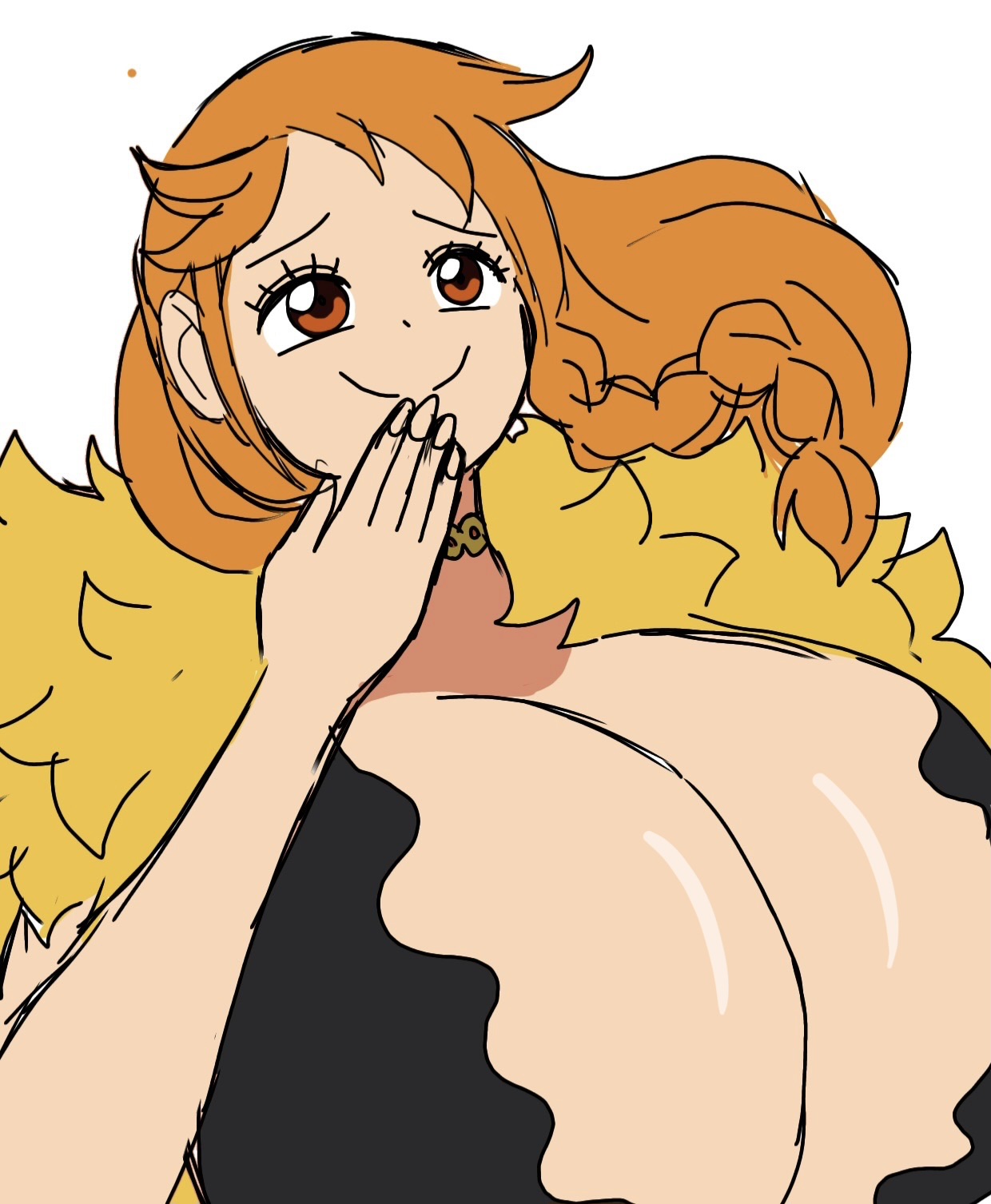 alternate breast size, big breasts, breasts focus, cute smile, female, female focus, female only, large breasts, long hair, long hair female, momiji (artist), nami (elbaf), nami (one piece), one piece, one piece: elbaf arc, orange hair, orange hair female, smile, solo, solo female, solo focus, white background