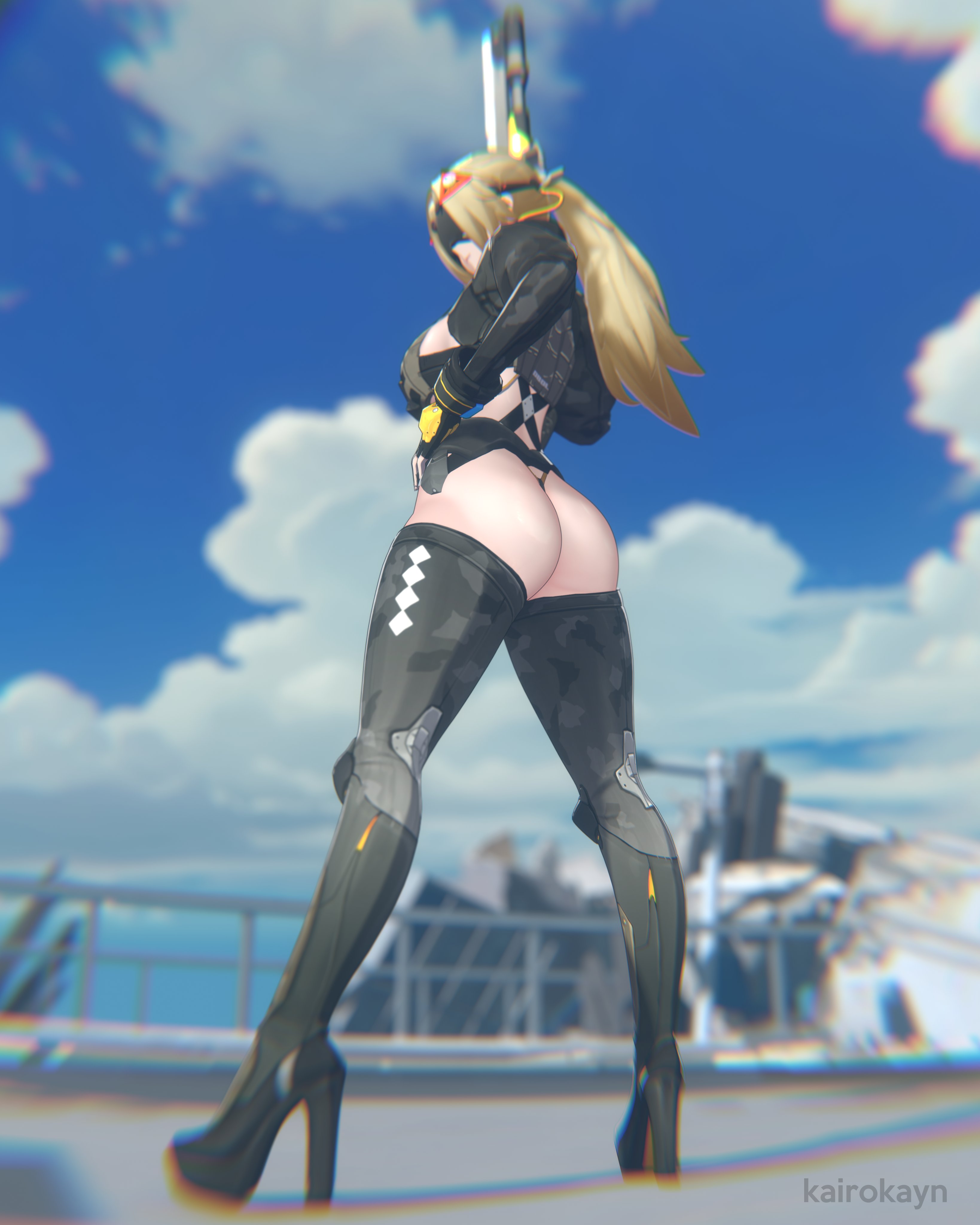 1girl, 1girls, 2026, 3d, ass, ass cleavage, big ass, blonde hair, chromatic aberration, eyes covered, female, female only, hazeker, heels, kairokayn, legwear, outdoors, ponytail, stockings, trigger (zenless zone zero), zenless zone zero