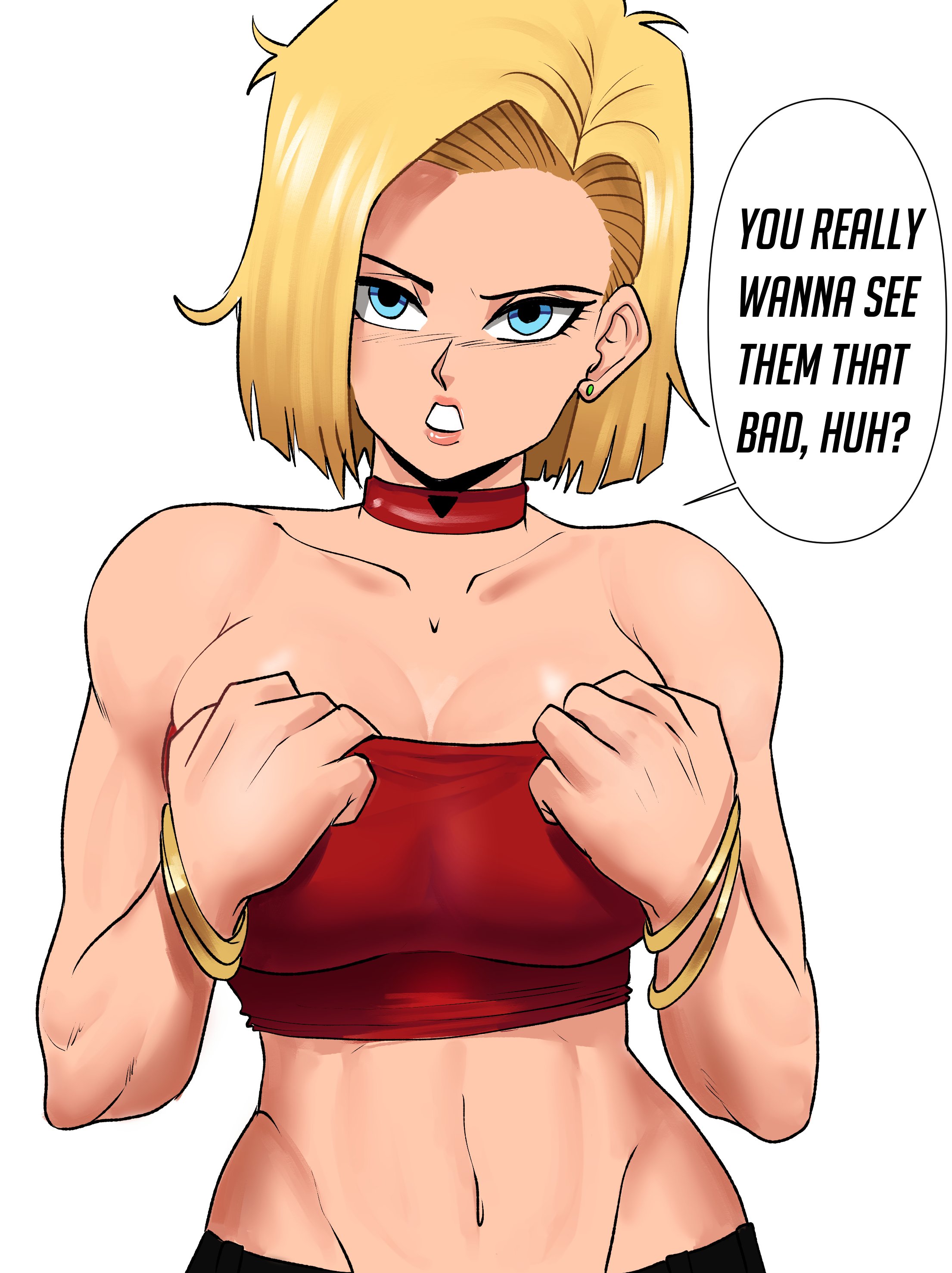1girls, android, android 18, annoyed, big breasts, blonde hair, blue eyes, breasts, choker, cleavage, dialogue, dragon ball, dragon ball z, earrings, echosaber, eye contact, female, large breasts, looking at viewer, midriff, short hair, shounen jump, speech bubble, sweat, text, tubetop