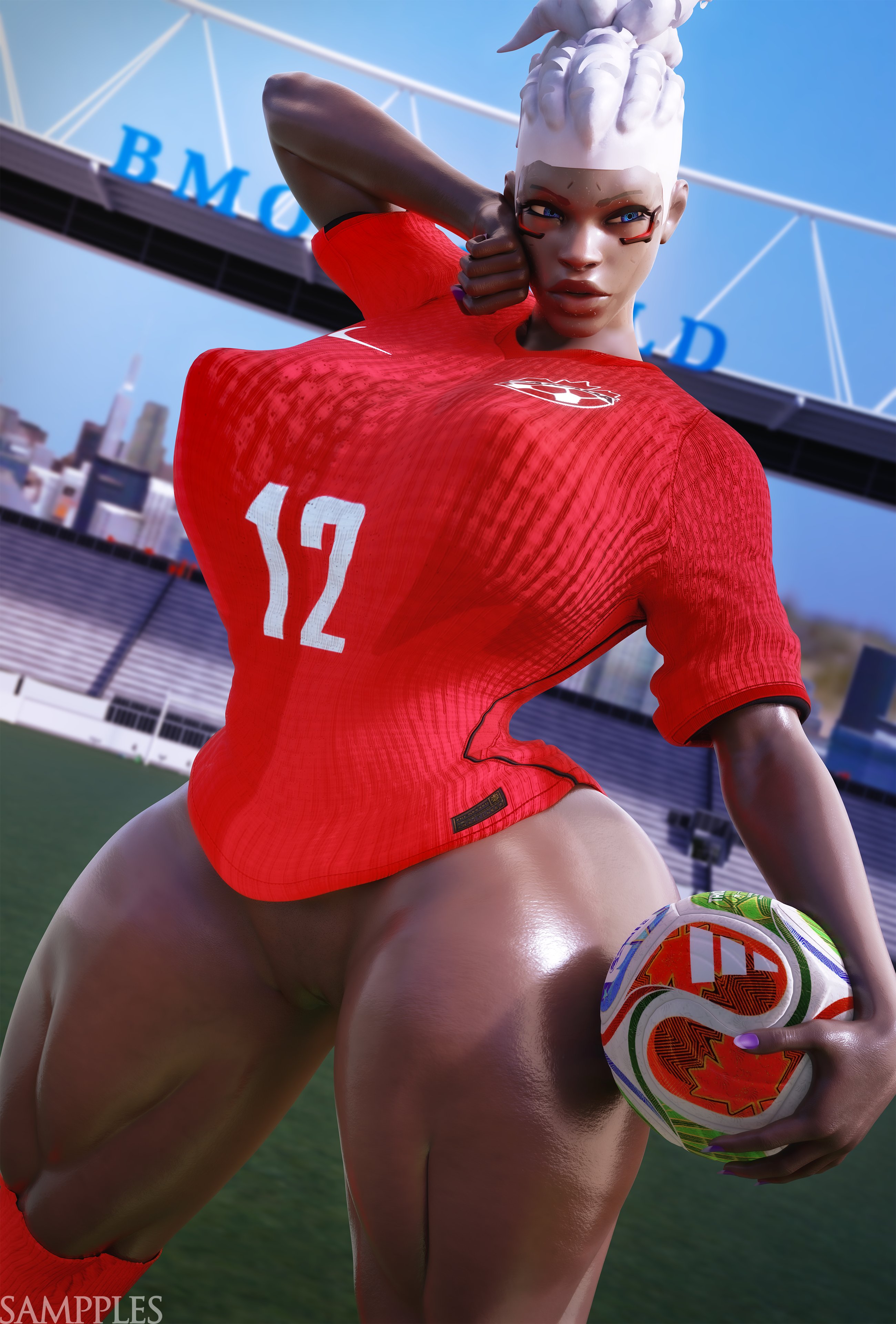 1girls, 3d, abs, african, african female, athletic, athletic female, big lips, blizzard entertainment, breasts, canadian female, cyborg, dark skin, dark-skinned female, eyelashes, female, female abs, female focus, female only, looking at viewer, medium breasts, milf, muscular, muscular female, overwatch, overwatch 2, sampples, soccer ball, soccer uniform, sojourn (overwatch), solo, solo female, solo focus, thick thighs, thighs, thong, toned, toned female, video game character
