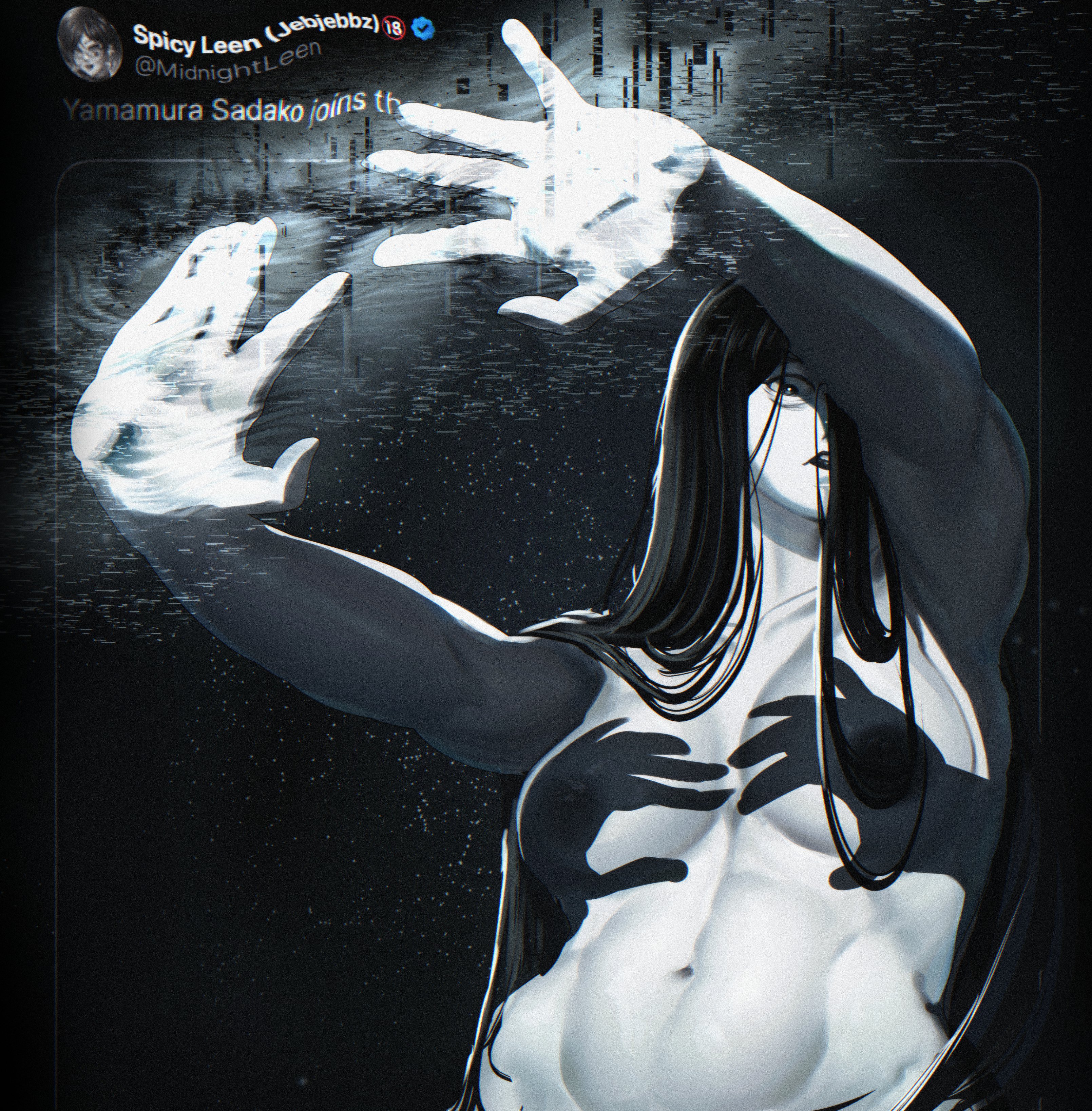 1girls, areolae, big areola, black areola, black hair, breasts, hands casting shadow, jebjebbz, light-skinned female, long hair, meme, nude, nude female, pale skin, pale-skinned female, the ring, yamamura sadako
